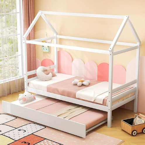 Twin Size Wood House Bed with Trundle and Roof