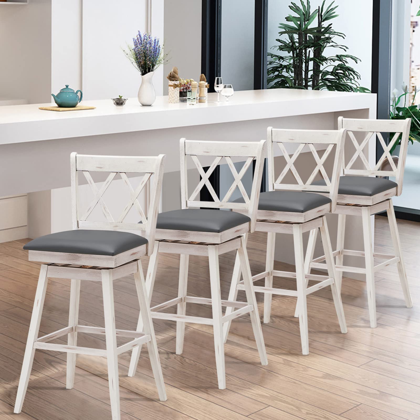 360 &deg; Swivel Bar Stool Set of 2/4 with Foot Rest Upholstered Cushion & Ergonomic Backrest