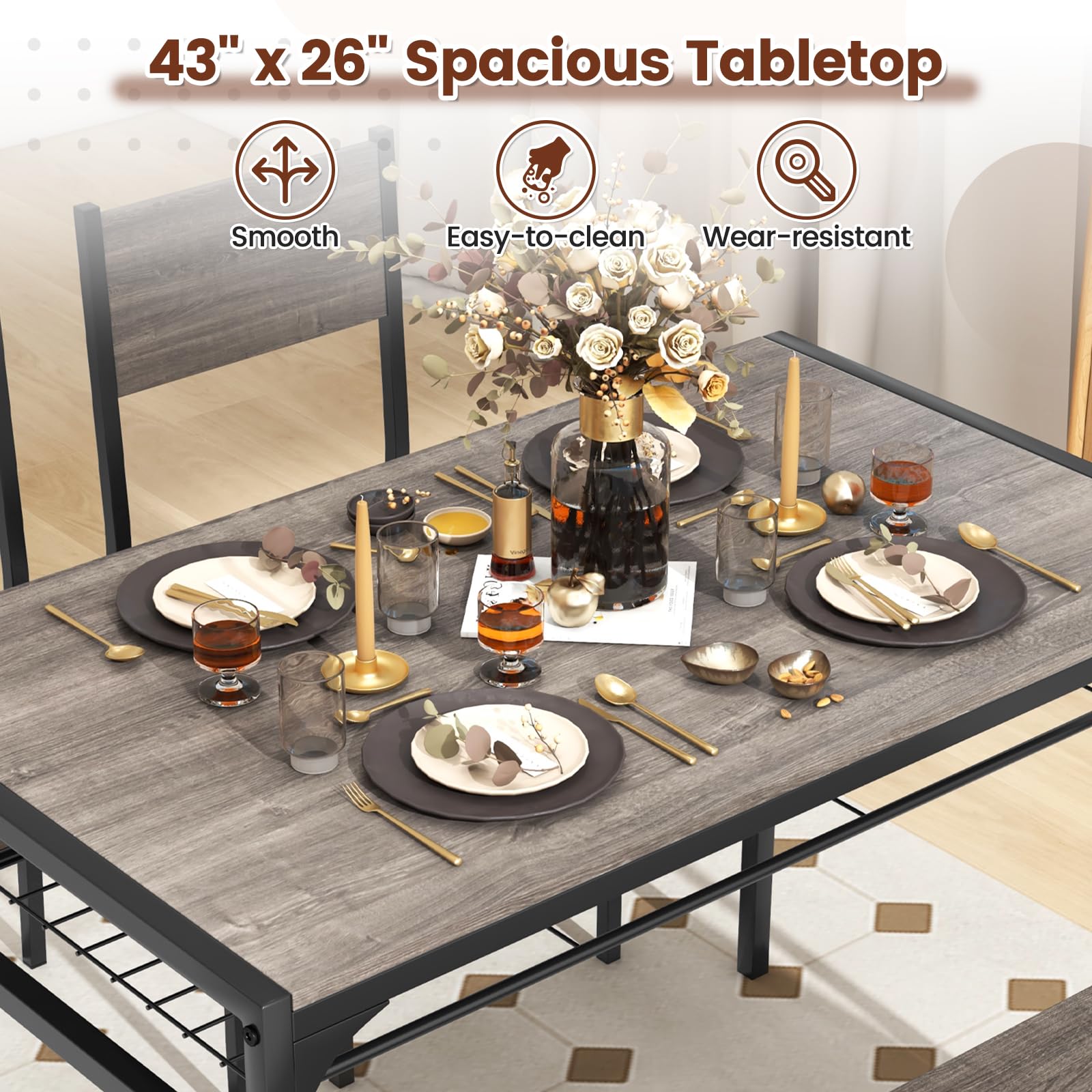 4 Pieces Dining Table Set, Kitchen Table and 2 Chairs for 4 with Bench, Storage Racks