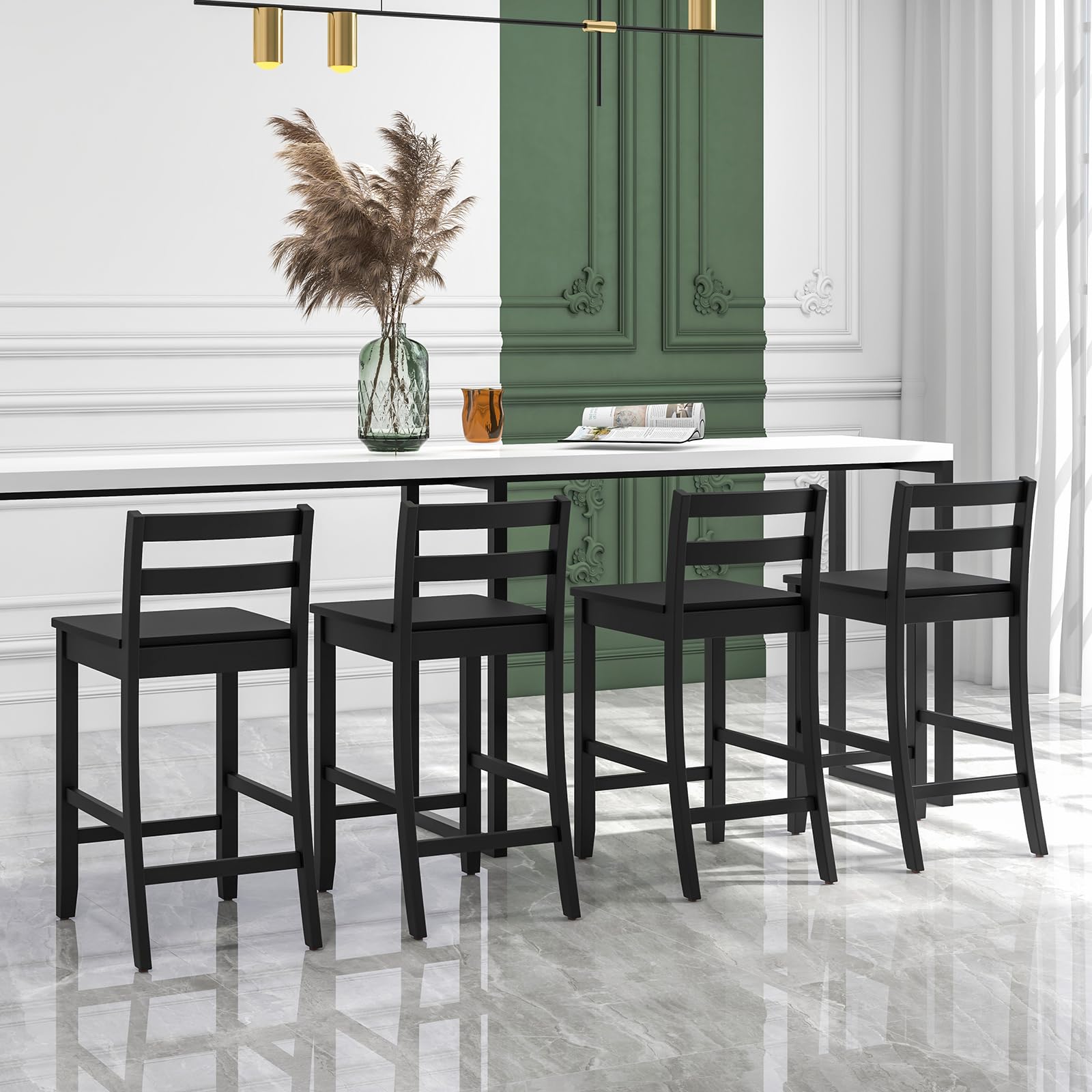 Wooden Bar Stools Set of 2/4, 24-Inch Counter Height Stools with Ergonomic Backrest & Footrest