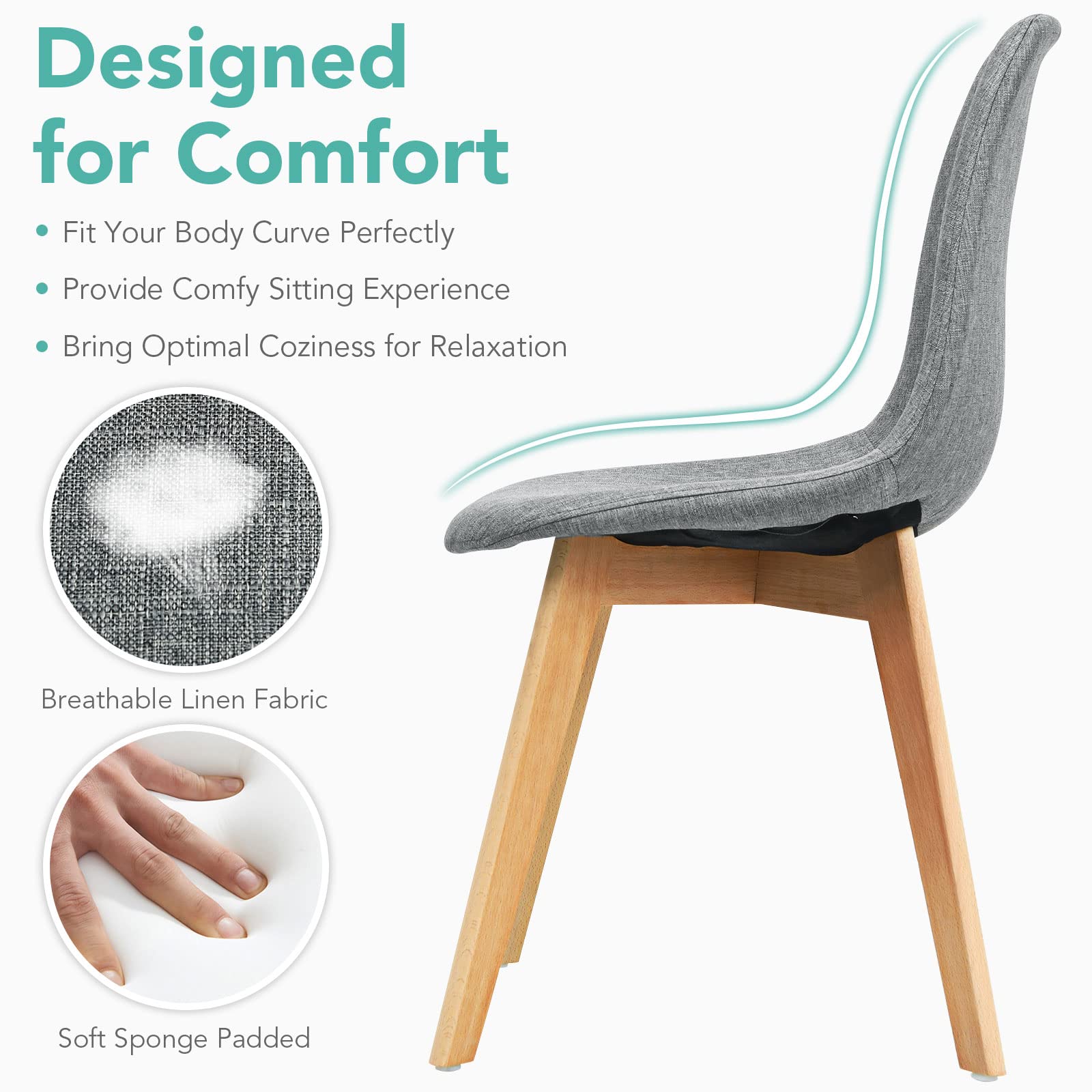 Set of 4 Modern Fabric Dining Chairs with Solid Wood Legs High Backrest Soft Padded Seat
