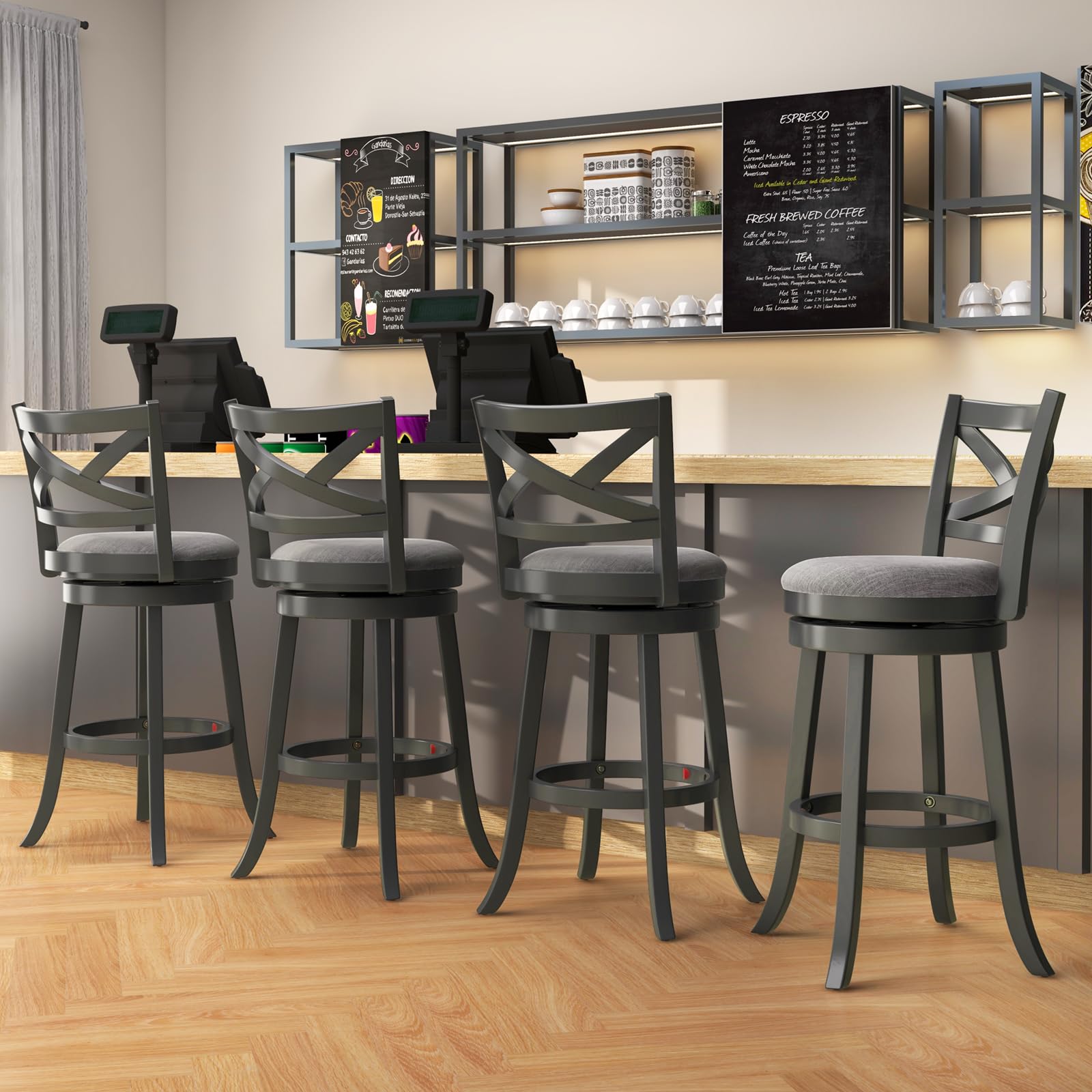 Wood Swivel Bar Stools Set of 2/4, Counter Height Swivel Chairs with Hollow Back & Soft-Padded Seat