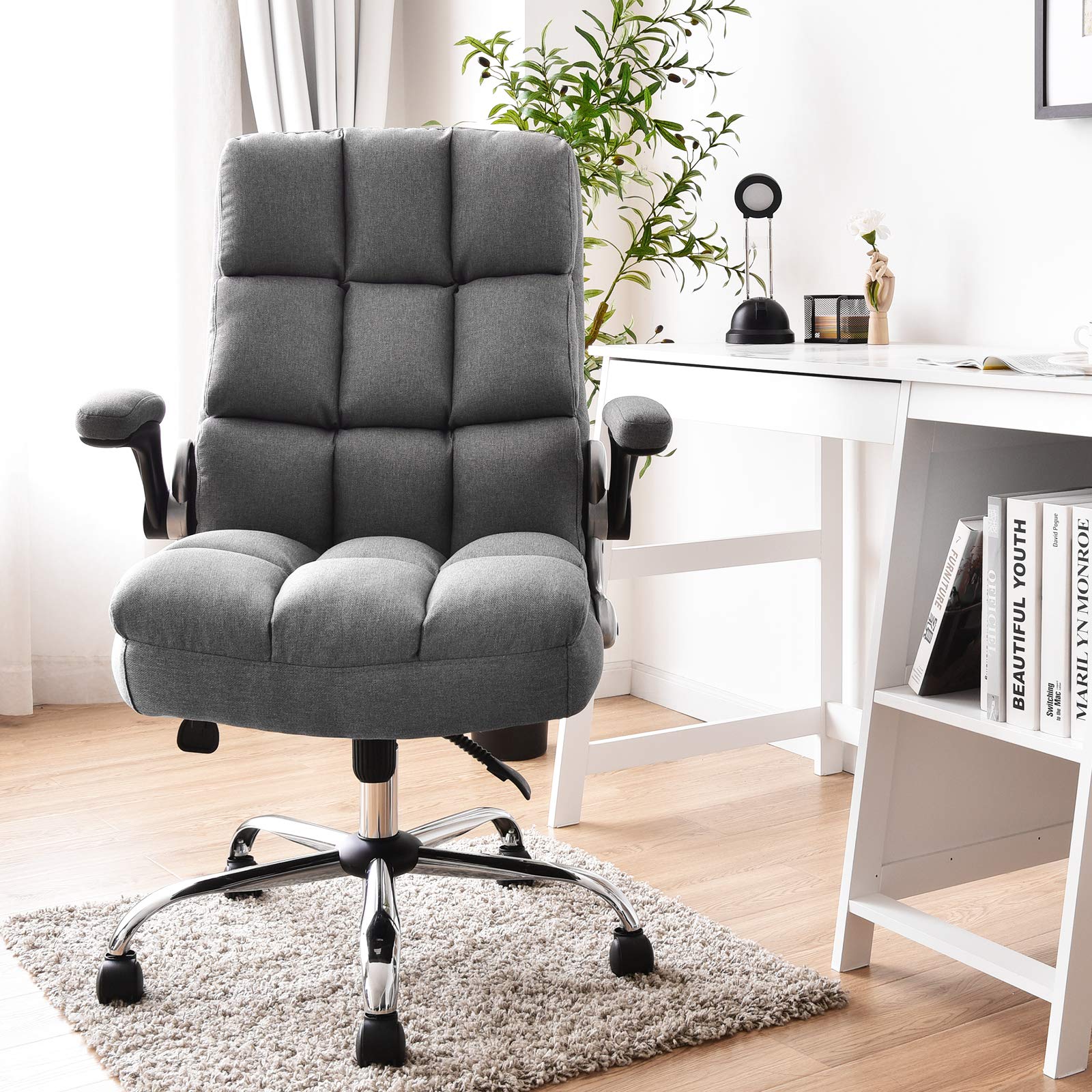 Executive Office Chair, Adjustable Tilt Angle and Flip-up Armrest Linen Fabric Upholstered Chair with Thick Padding