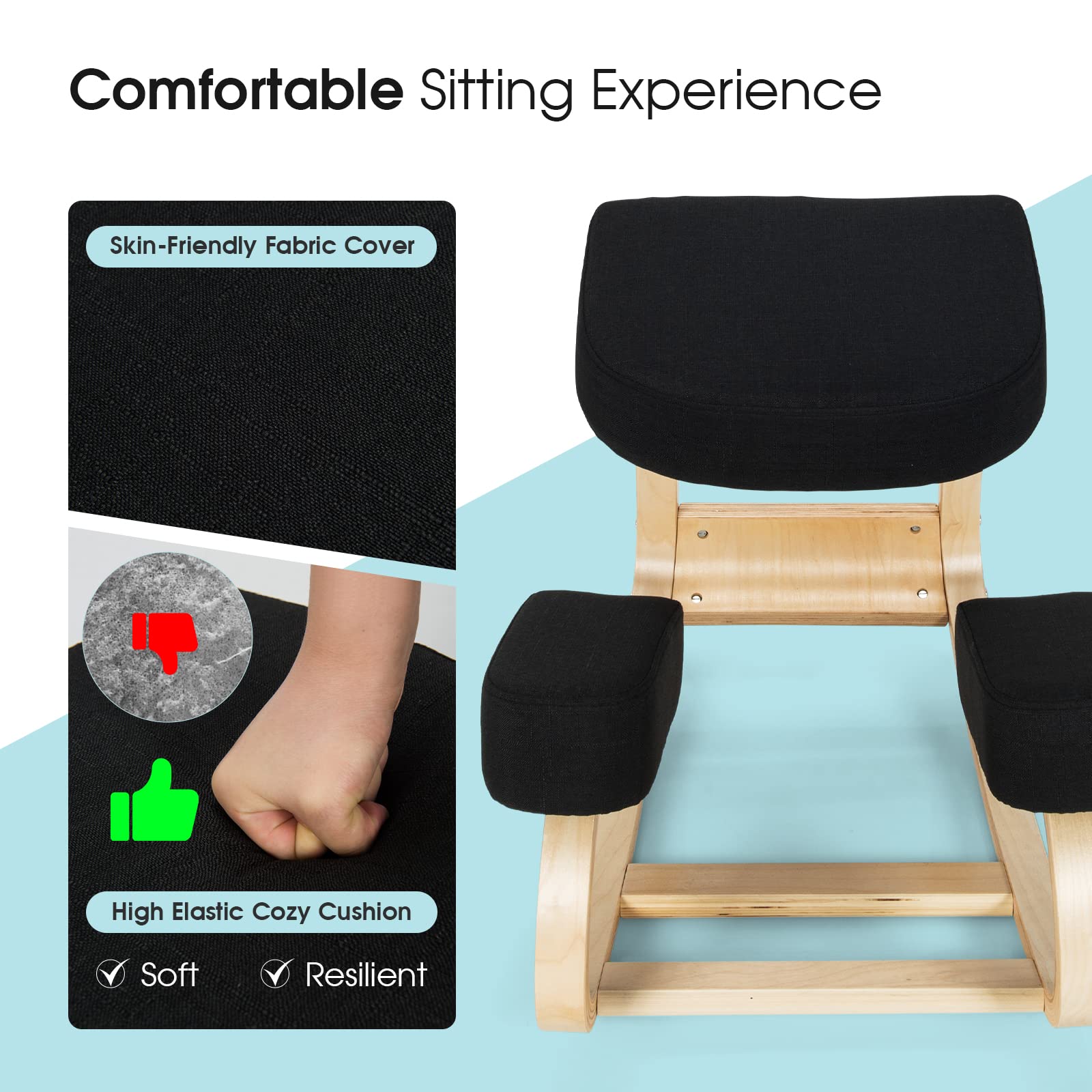 Kneeling Chair, Wood Posture Chair, Max Load 330 Lbs, Rocking Knee Chair with Soft Cushion