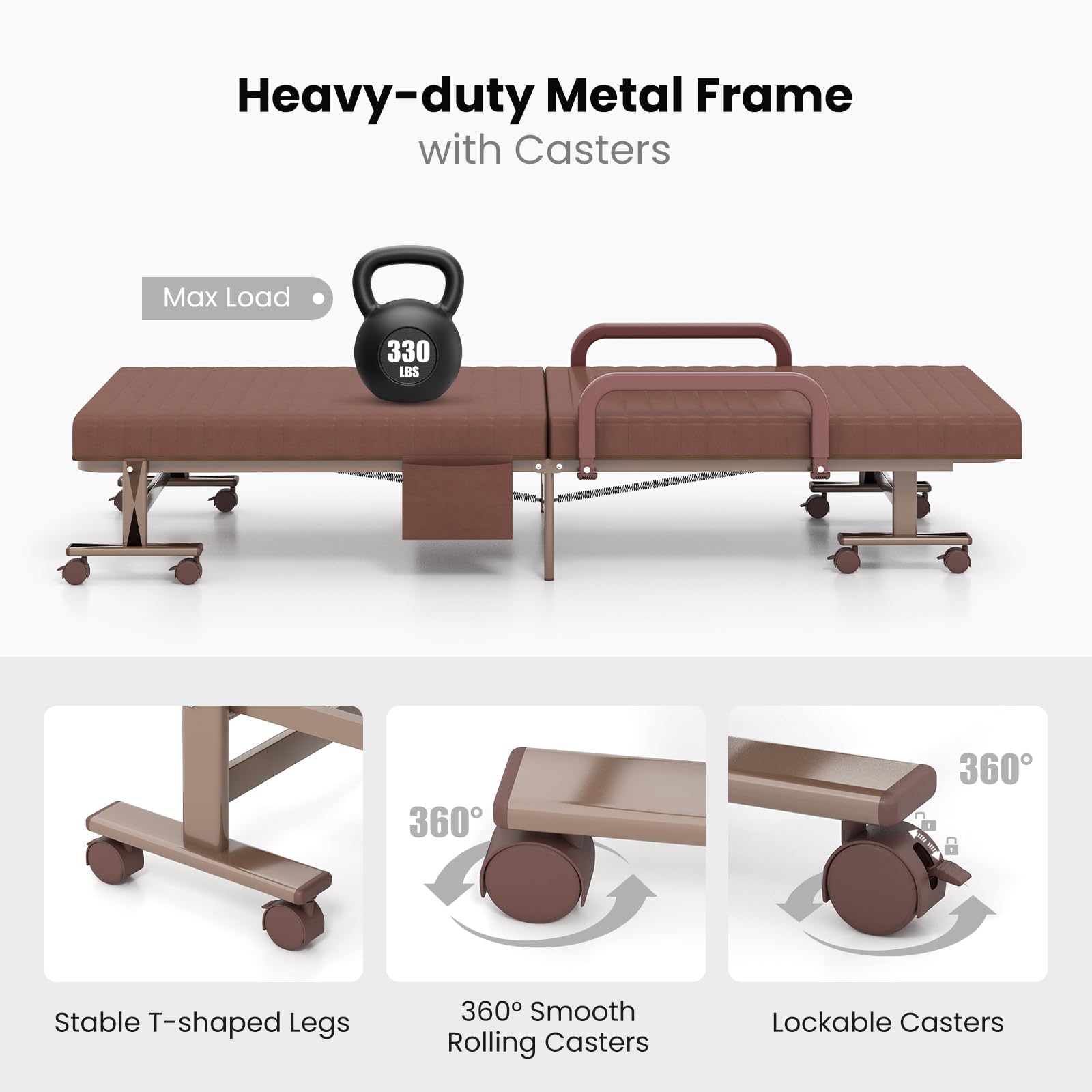 Folding Bed With Mattress, Portable Guest Bed With Adjustable 6 Position & Side Storage Pocket