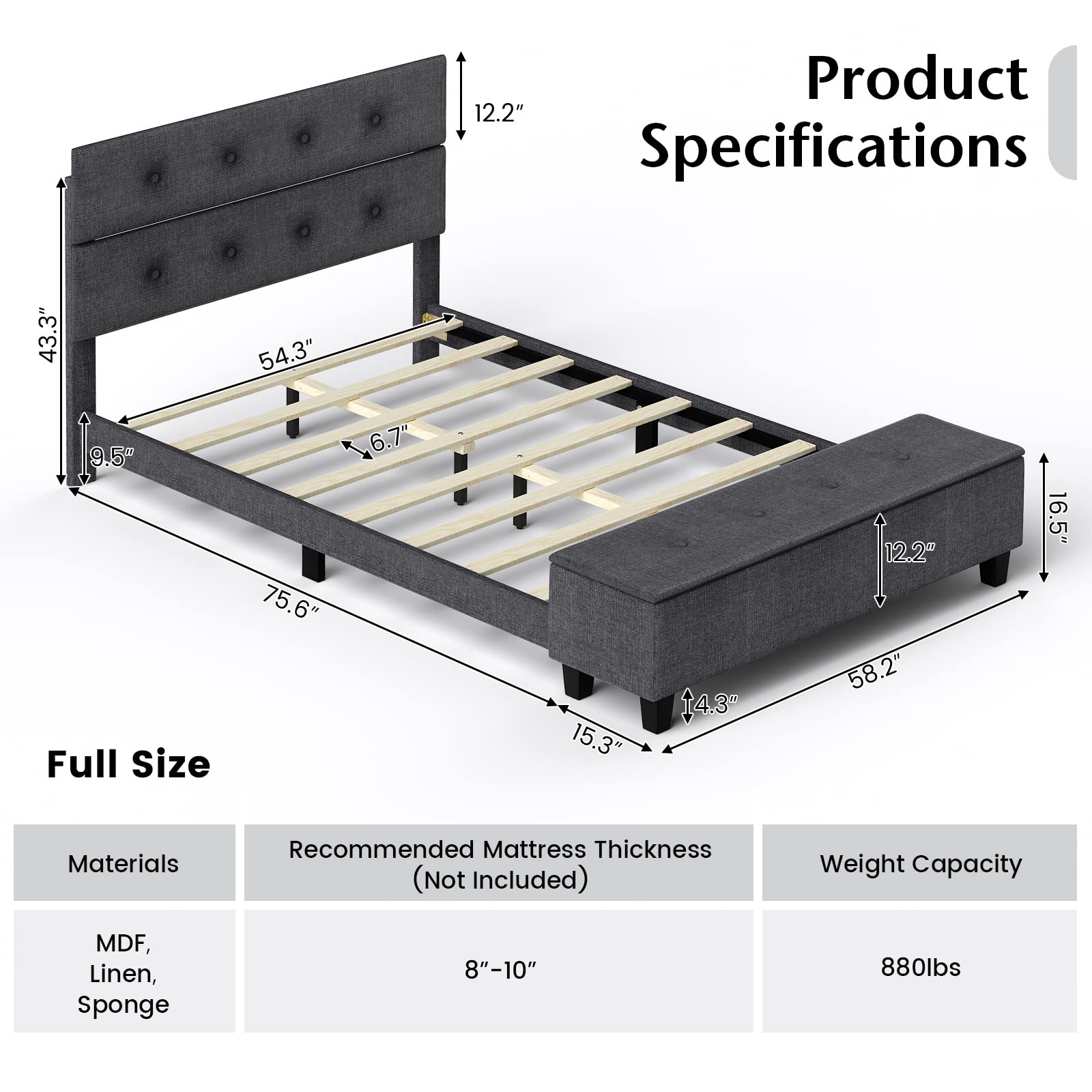 Full/Queen Size Upholstered Bed Frame with Ottoman Storage