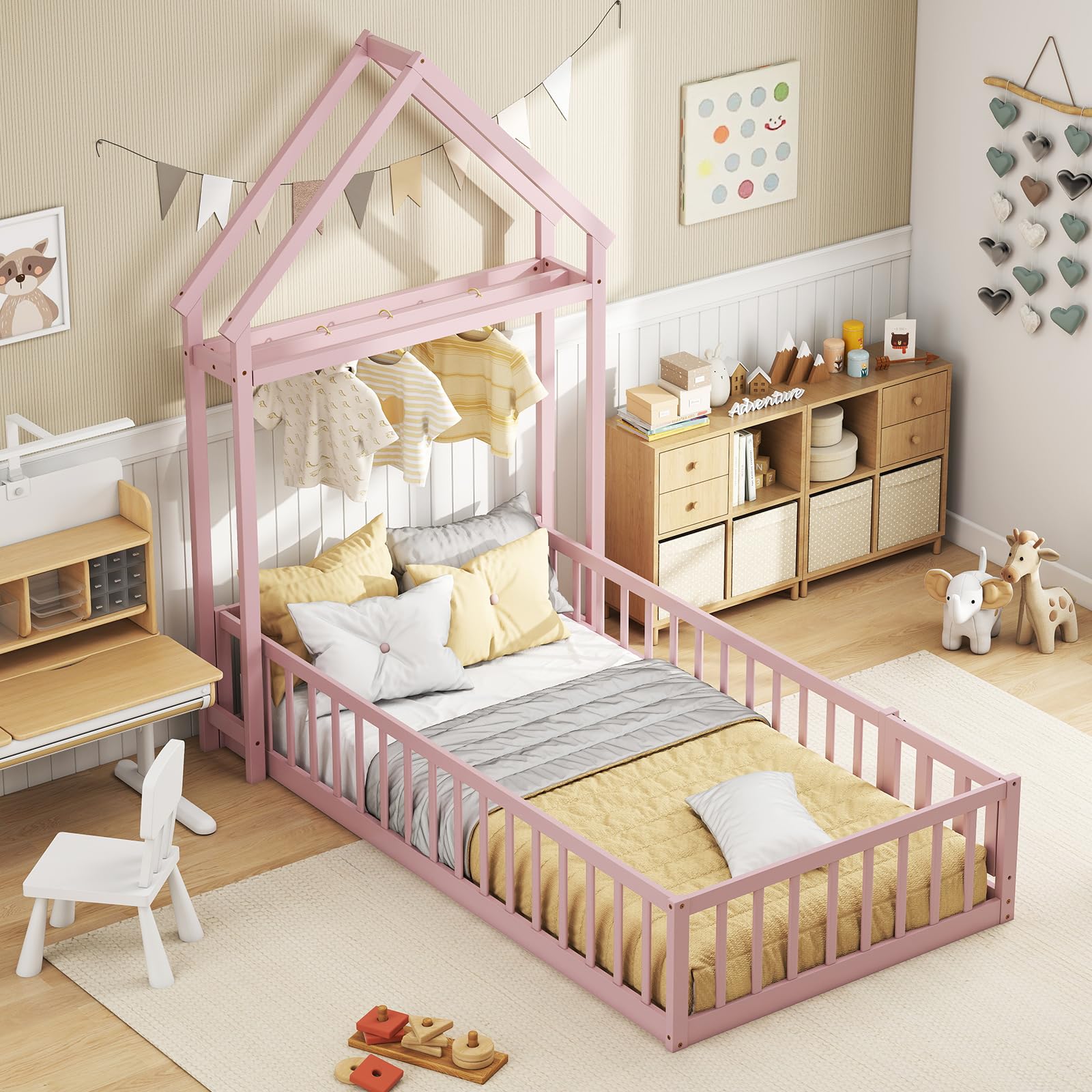 Twin Size Floor Bed with House-Shaped Headboard（Twin with Headboard）