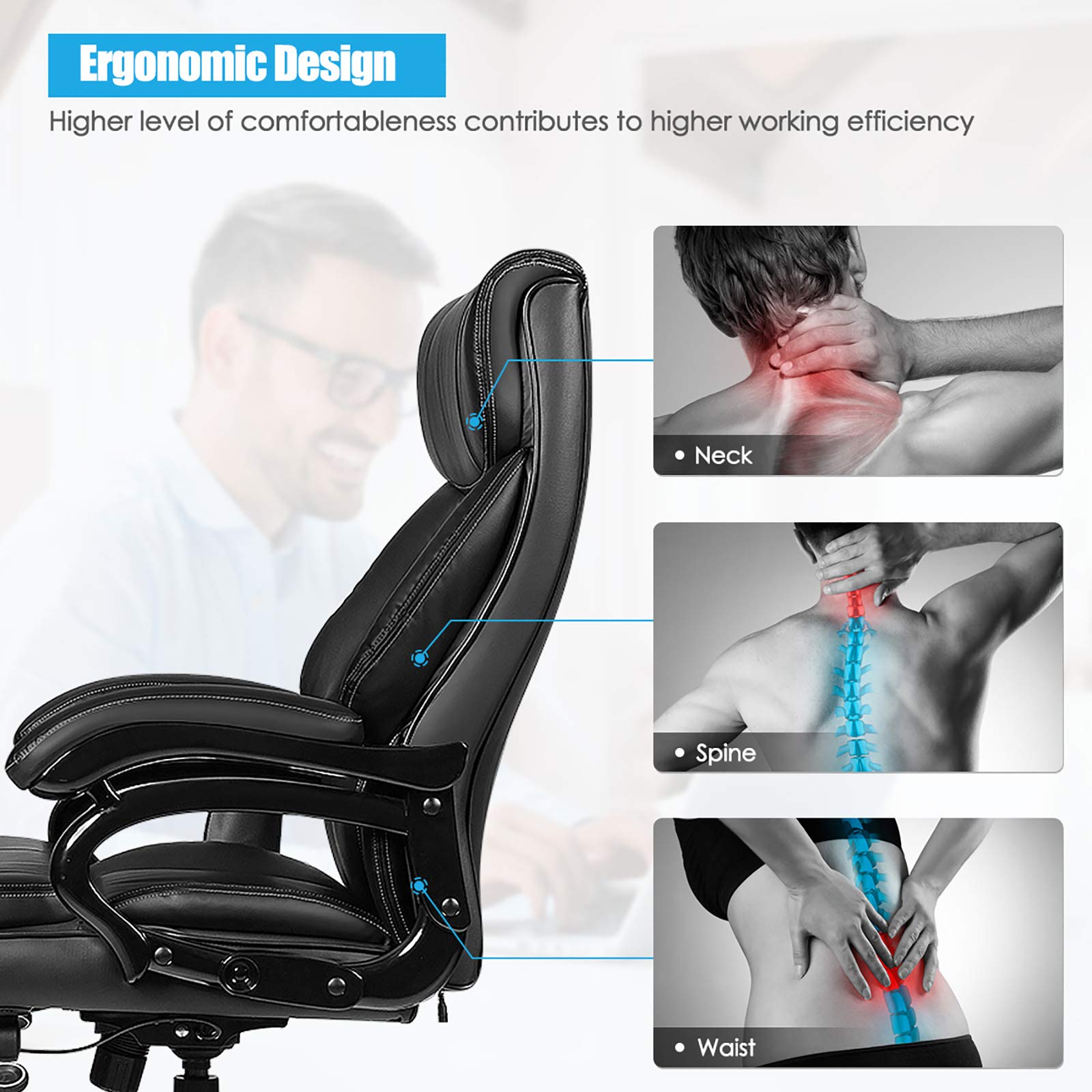 Big and Tall 500lbs Massage Office Chair, Heavy Duty Executive Office Chair with 6 Massage Points