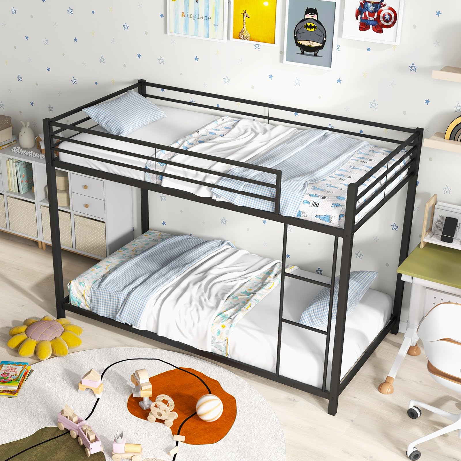 Twin Over Twin Metal Low Profile Bunk Bed with Safety Guard Rails & Side Ladder
