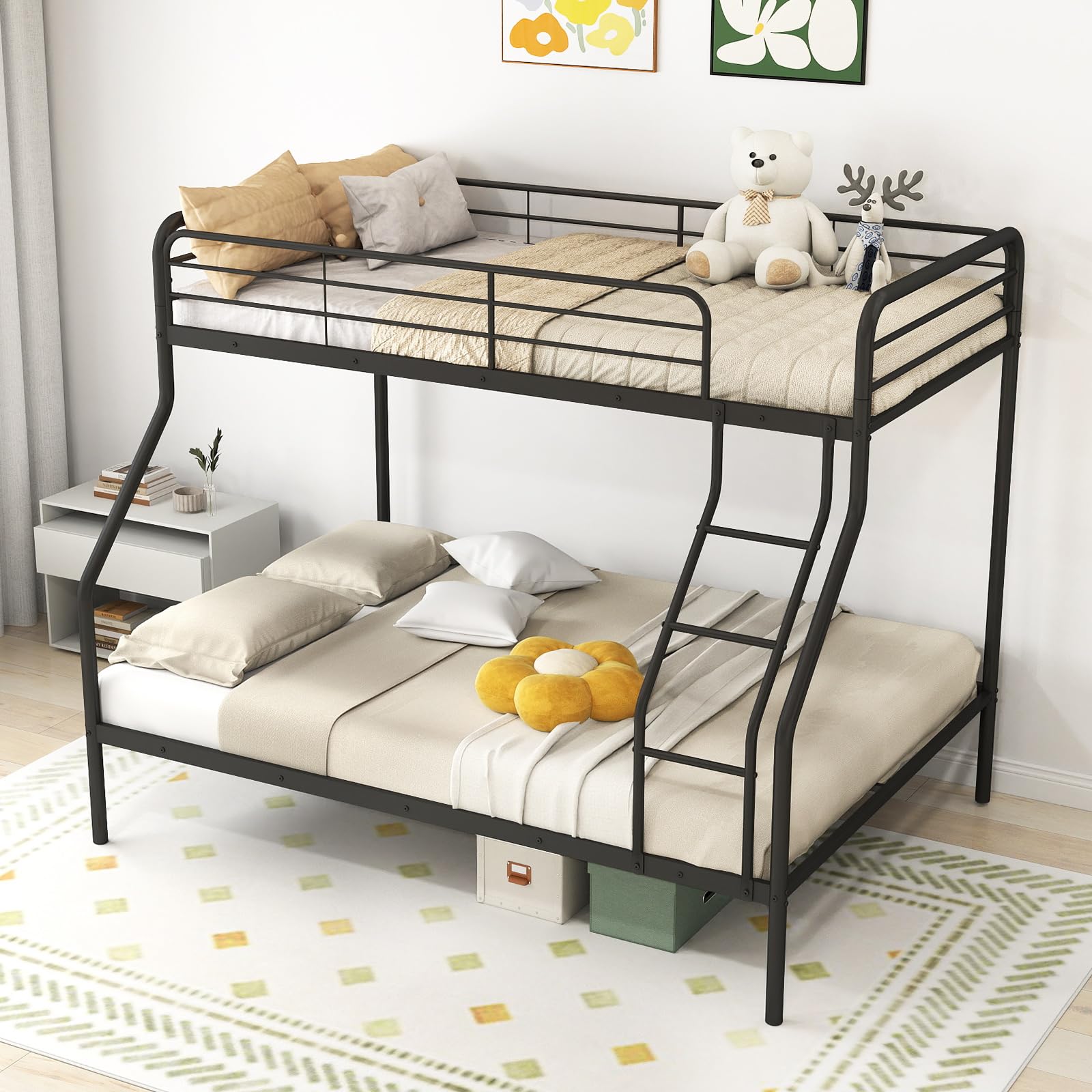 Twin Over Full Metal Bunk Bed with Inclined Ladder, Safety Guardrail