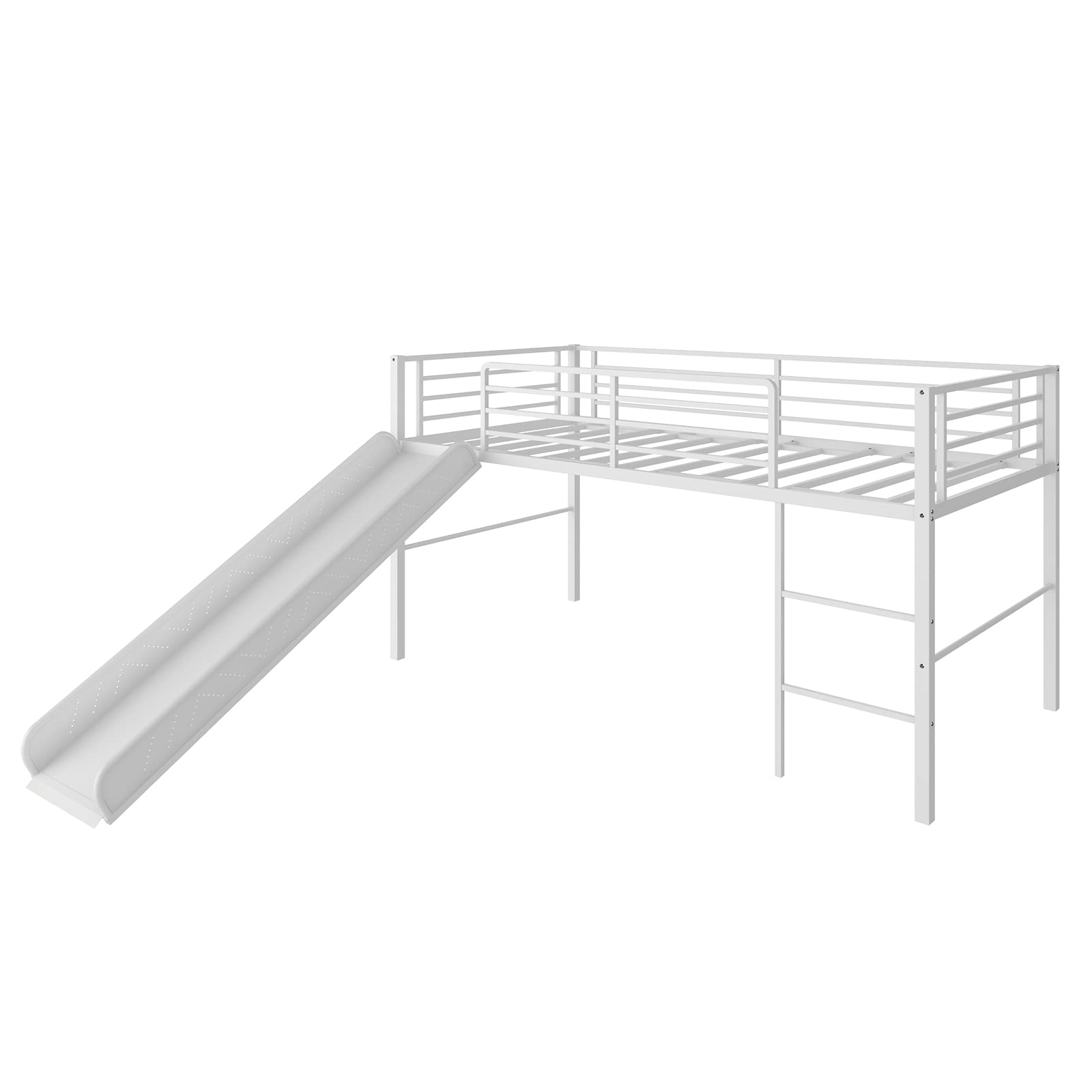 Twin Metal Low Loft Bed with Slide, Safety Guardrails & Built-in Ladder