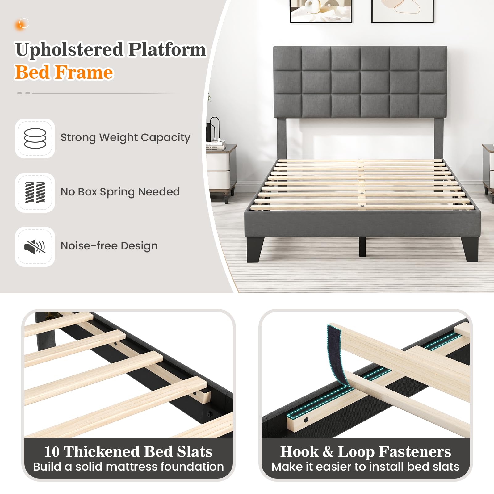 Linen Fabric Upholstered Bed Frame with Adjustable Headboard & Wooden Slat Support