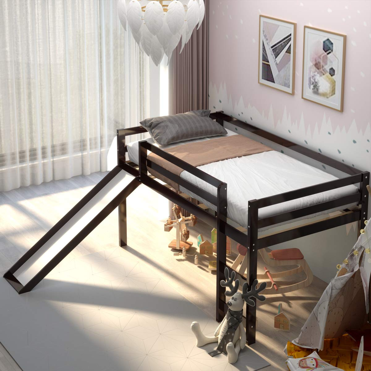 Twin Size Wood Low Loft Bed with Slide, Ladder & Guard Rail