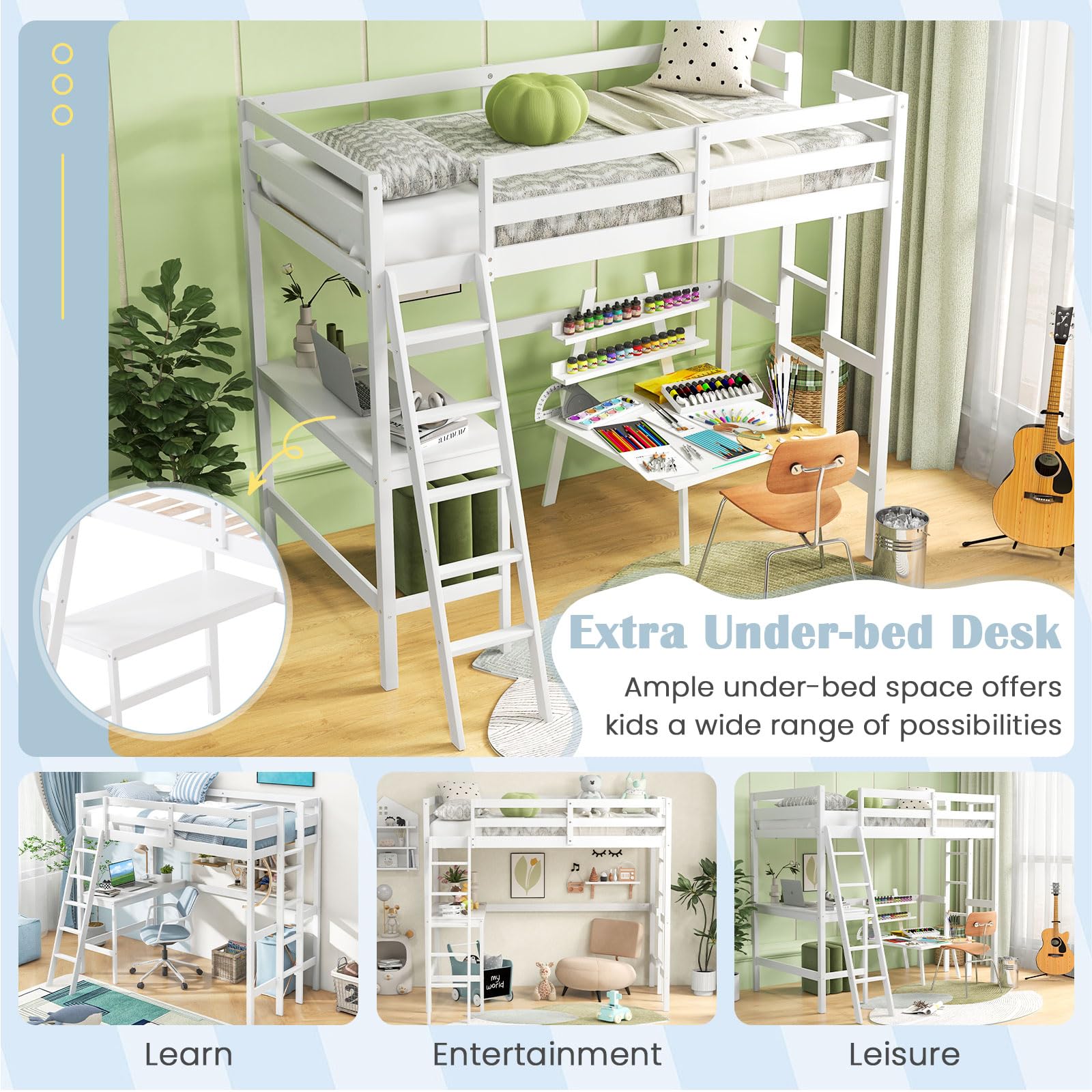 Twin Size Wood Loft Bed with Desk, 2 Ladders, Full Length Guardrail for Kids Teens Adults