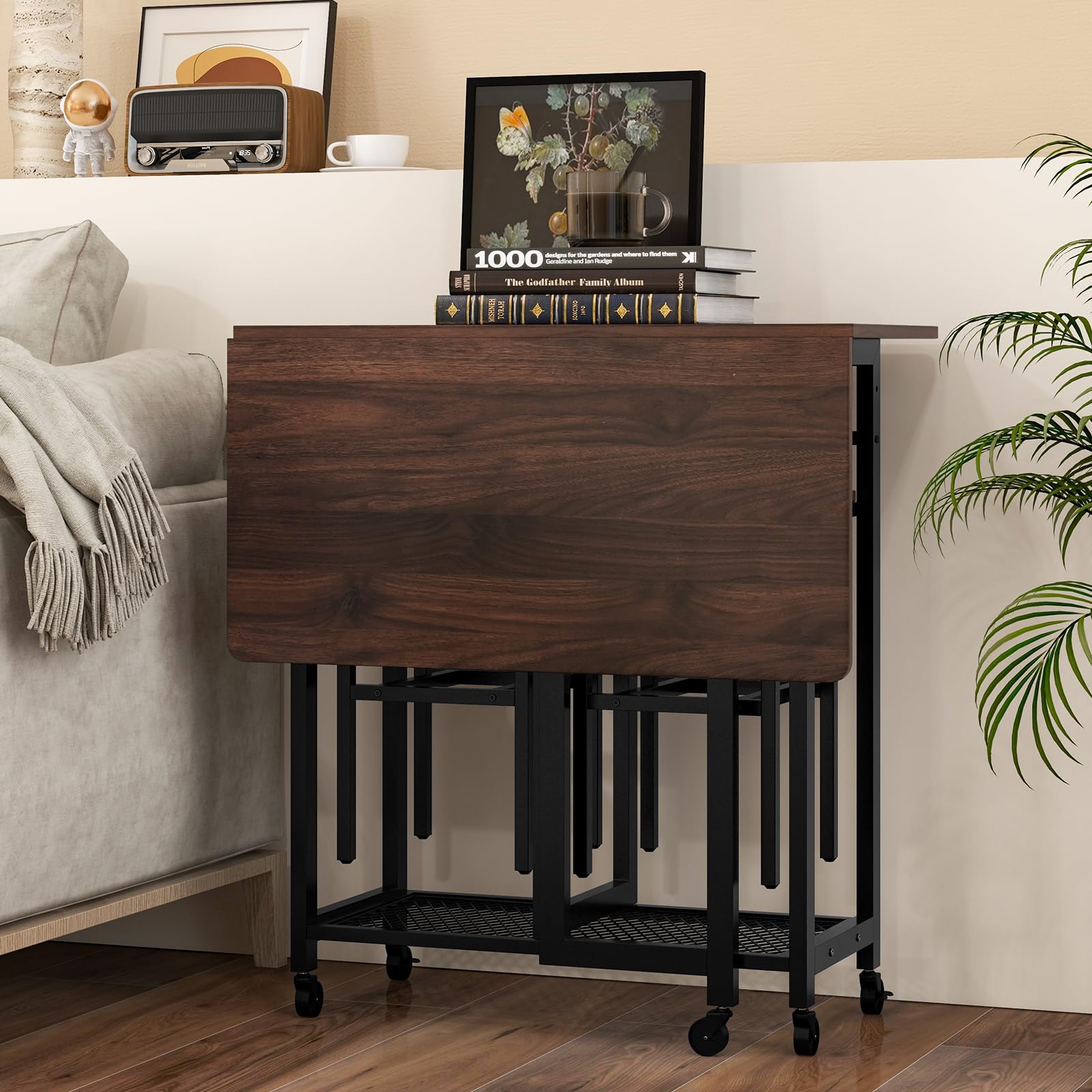 3 Piece Foldable Dining Table Set, Extendable Dining Table & 2 Stools Set w/ 6-Bottle Wine Rack, Shelves & Side Pushing Handle