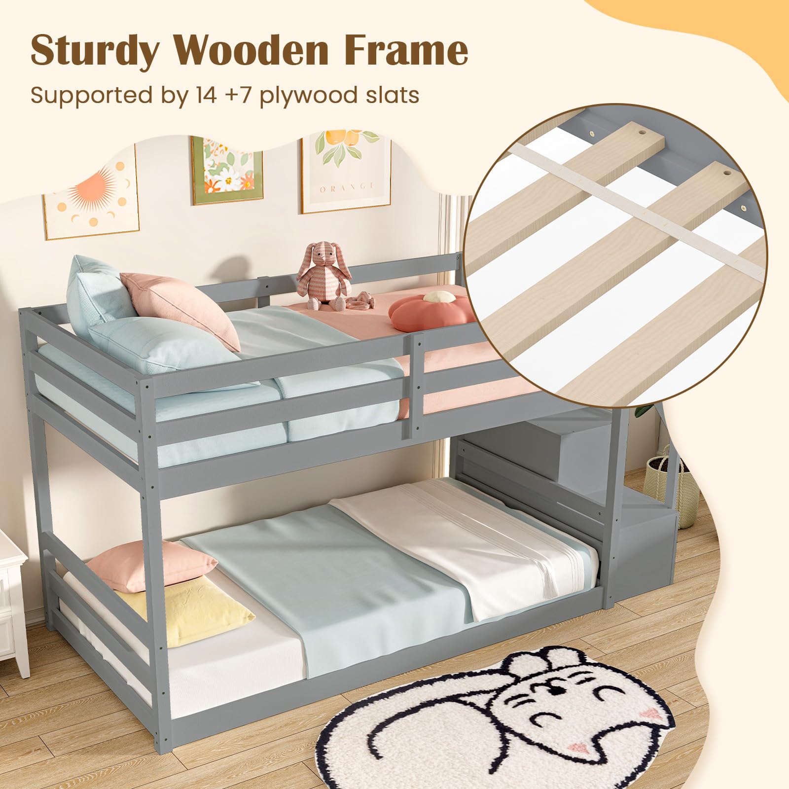 Bunk Bed with Stairs, Solid Wood Floor Bunk Bed with Storage Staircase & Full-Length Guardrails