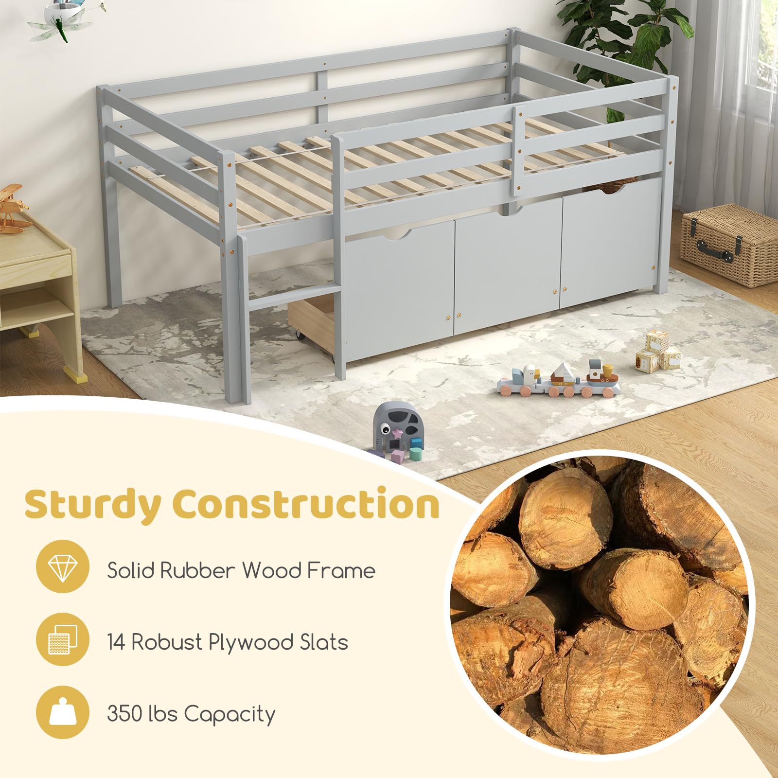 Twin Low Loft Bed with 3 Storage Drawers