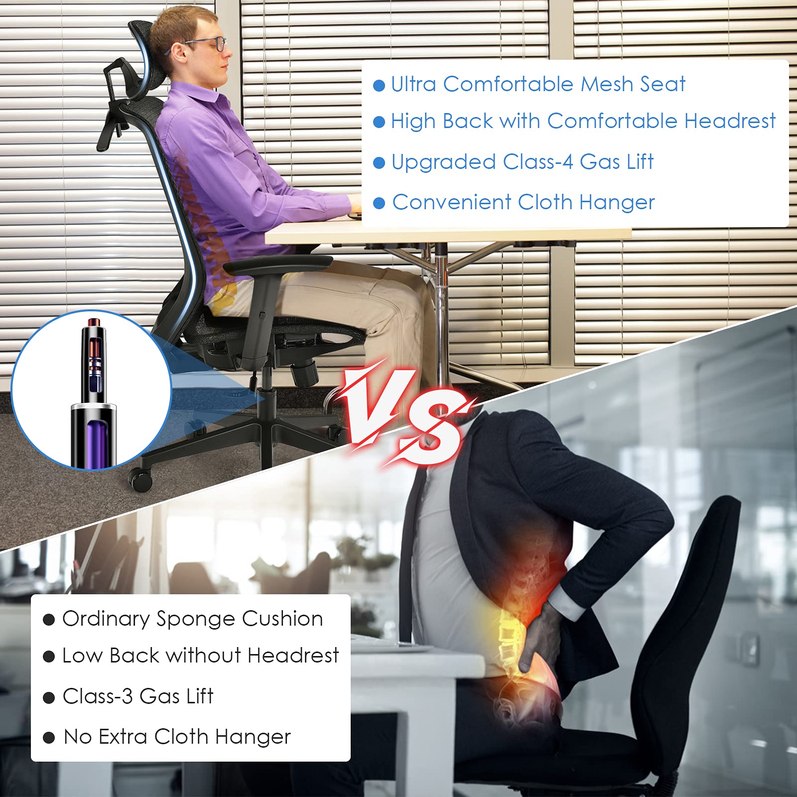 Ergonomic Office Chair, Mesh Desk Chair Back Support with Adjustable Headrest