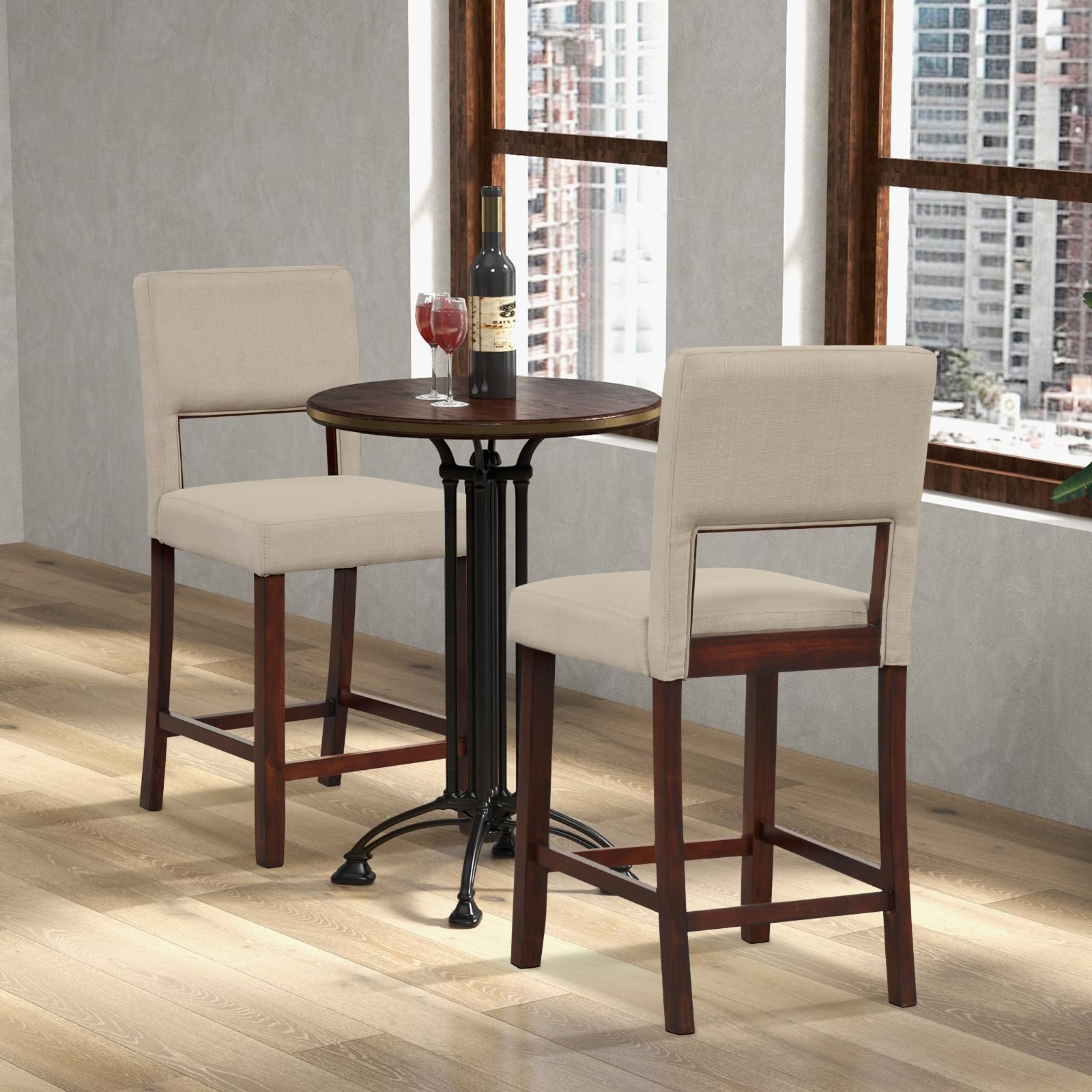 24.5" Counter Height Bar Stools Set of 2, Linen Barstools with Back, Rubber Wood Legs
