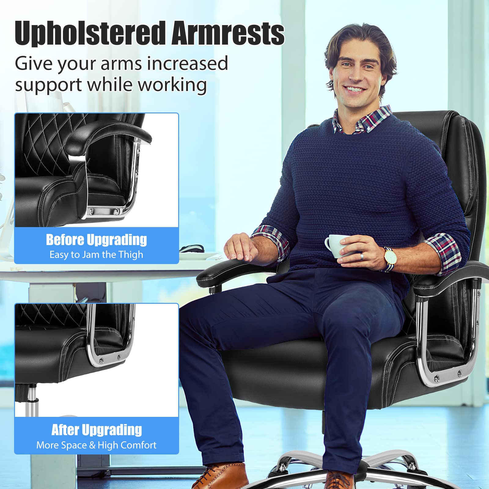 500LBS Big and Tall Office Chair, Wide Seat Large Leather Executive Chair with Heavy Duty Metal Base