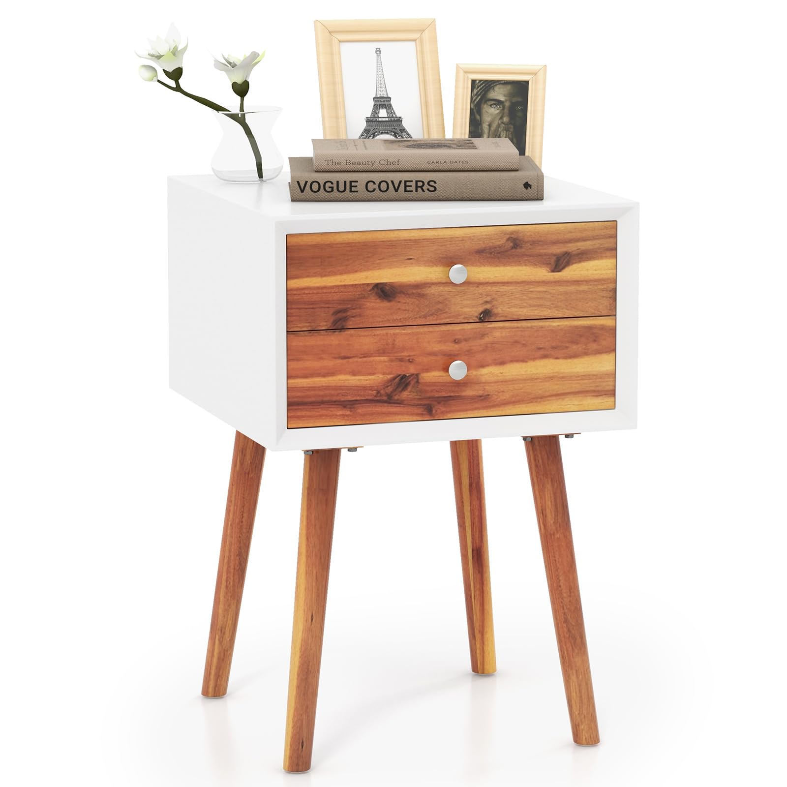 2-Drawer Nightstand, Mid-Century Modern Bed Side Table with Storage