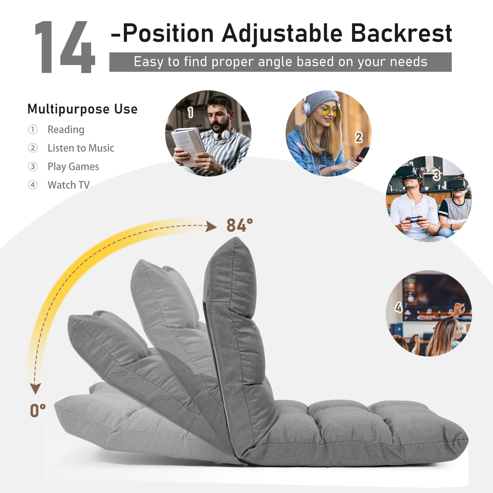 Folding Gaming Floor Chair，Adjustable 14-Position Floor Sofa with Back Support