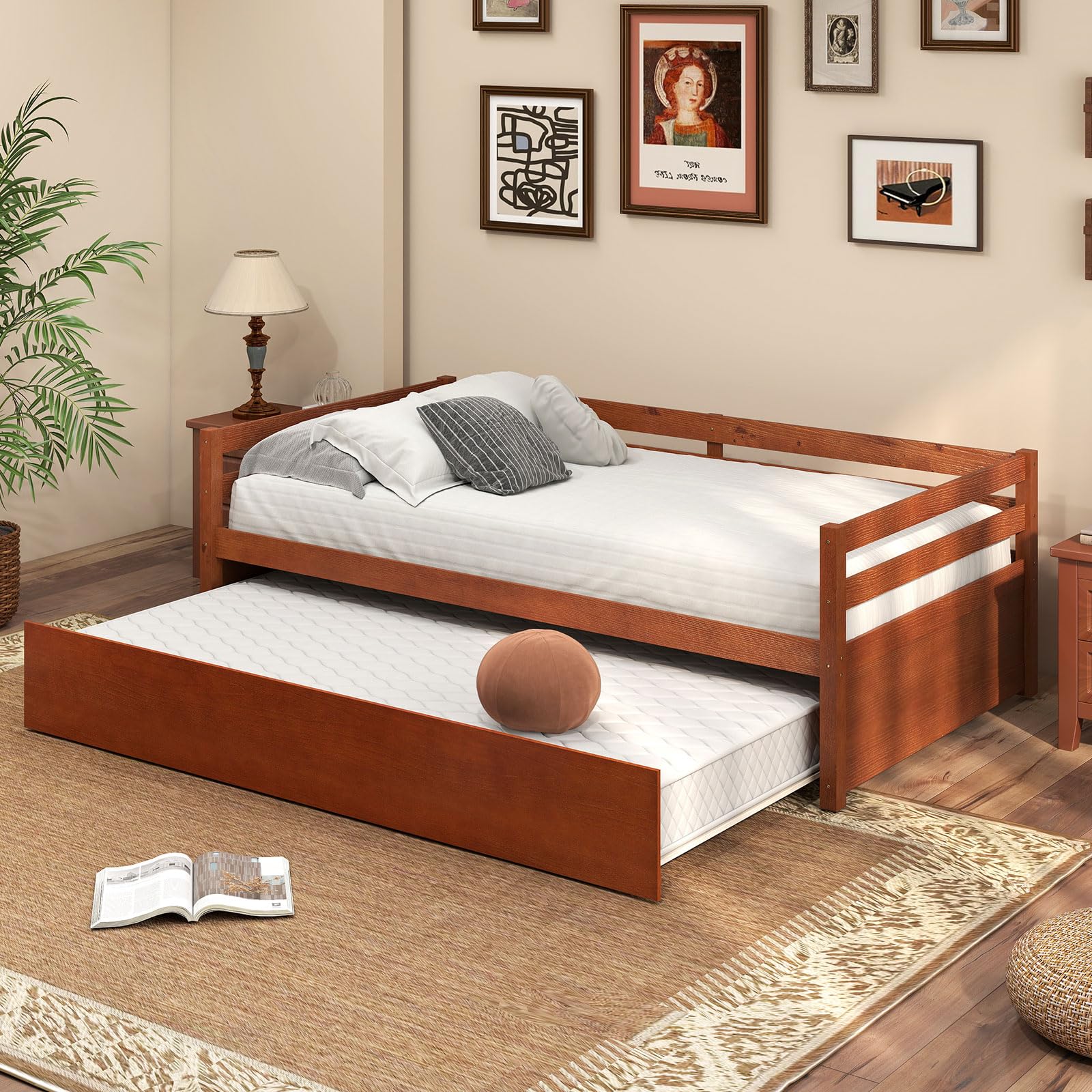 Twin Daybed with Trundle, Wood Trundle Bed with Wood Slat Support