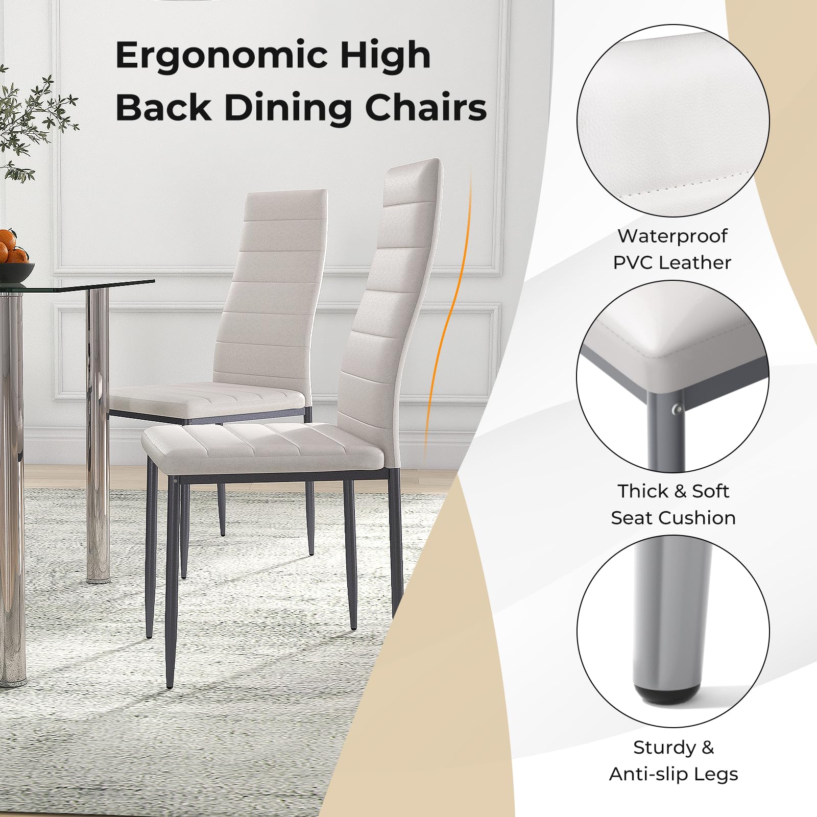 5 Piece Dining Table Sets, Modern Tempered Glass Top and PVC Leather Chair w/4 Chairs