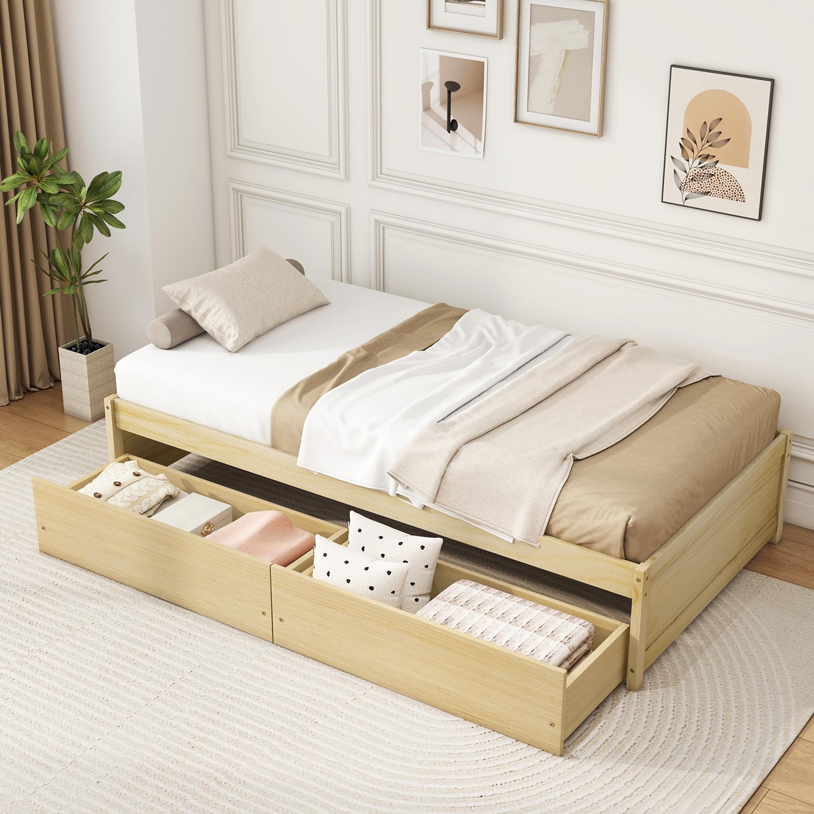 Bed Frame with 2 Storage Drawers, Solid Wood Platform Bed with Slats Support