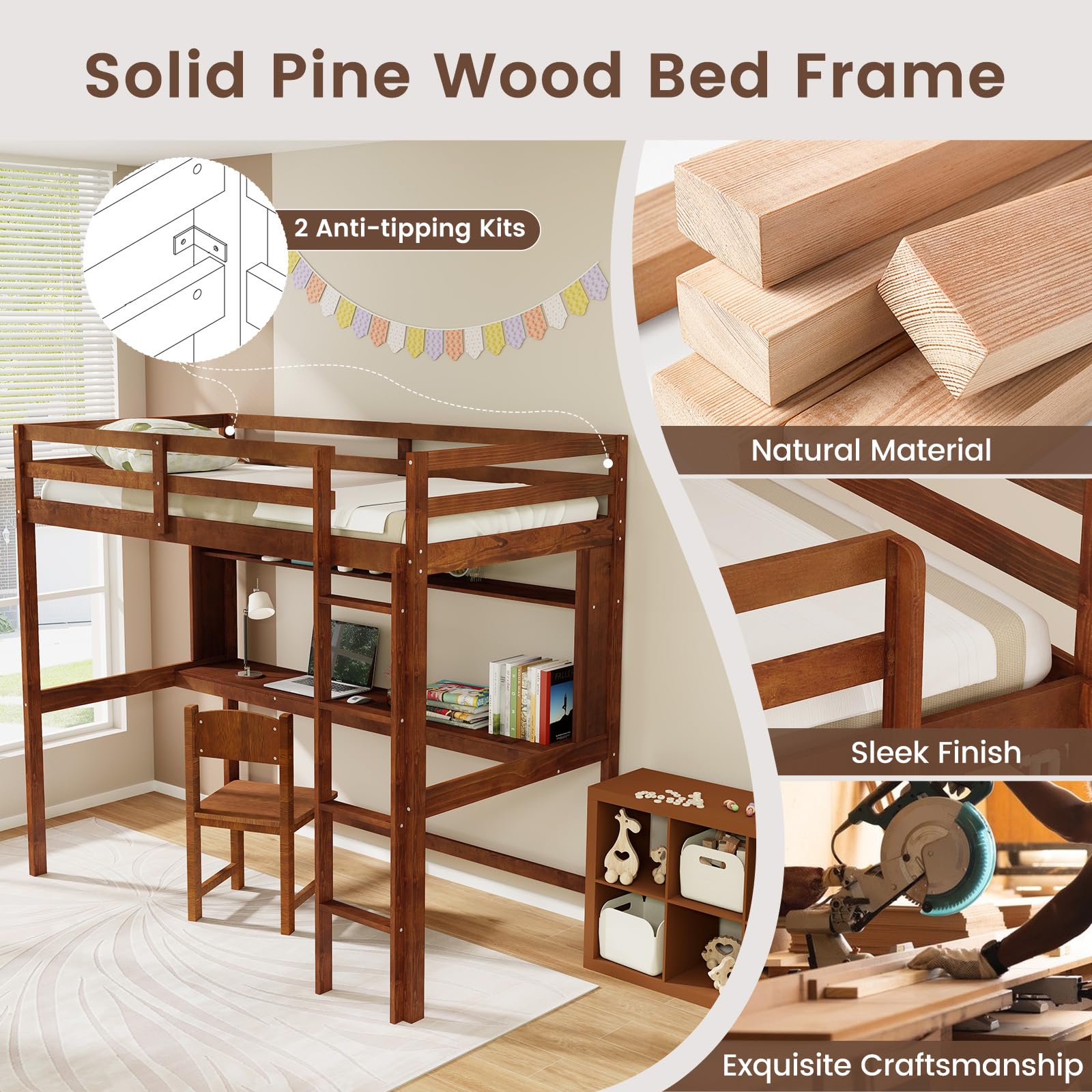 Twin Size Loft Bed with Desk, Bookshelf, Full Length Safety Guardrail & Ladder