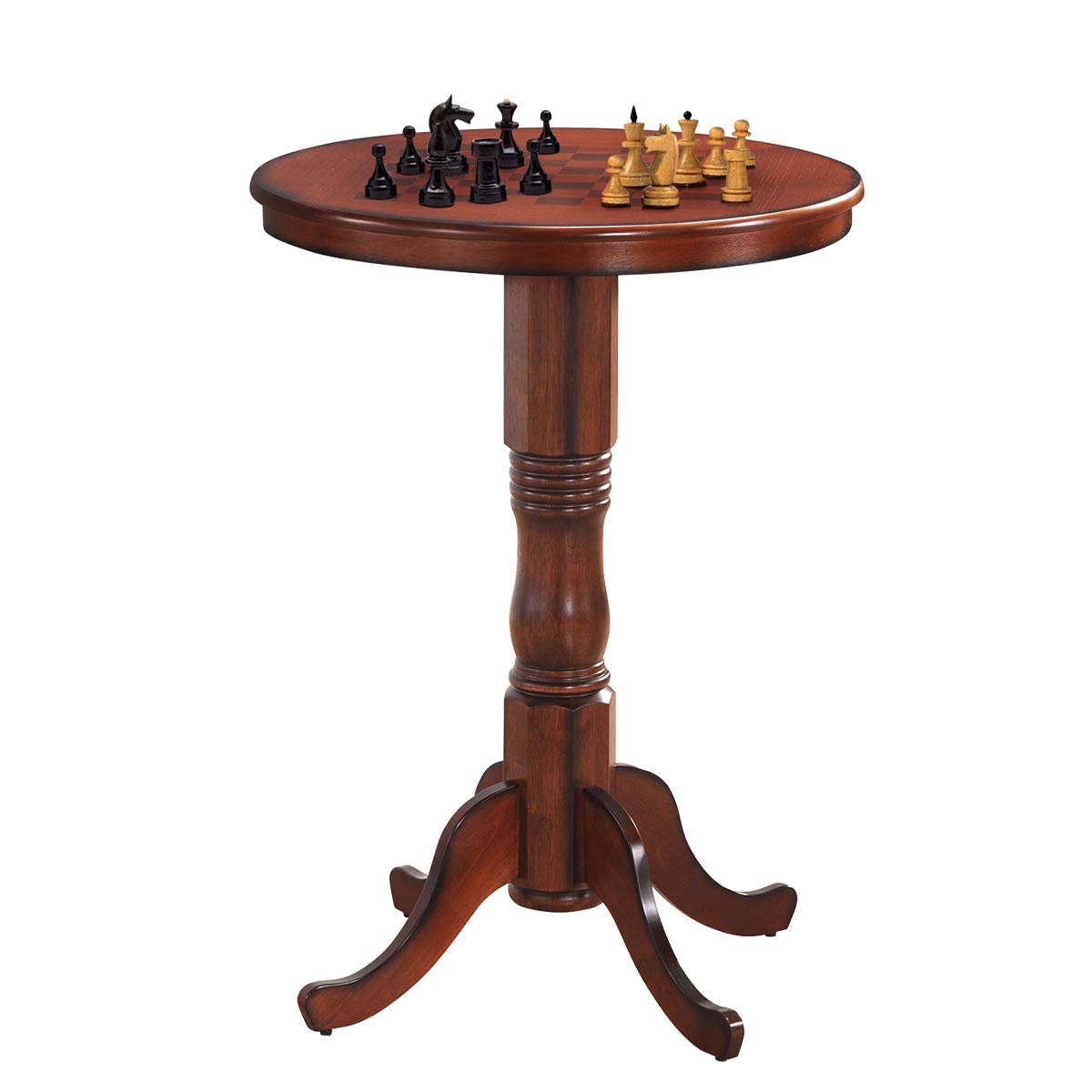 Round Dining Table, Wooden Pub Pedestal Side Table W/Chessboard, Adjustable Foot Pads