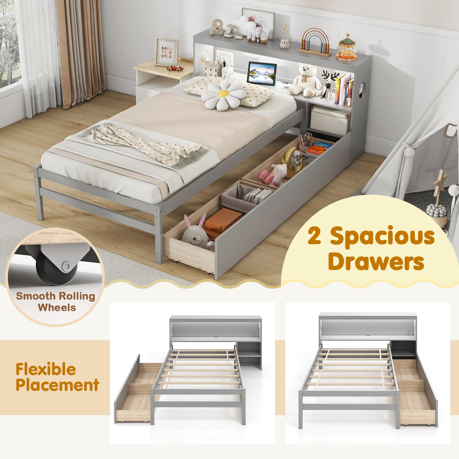 Wood Twin Bed Frame with Storage Drawer & Headboard, Modern Platform Bed with Charging Station & LED Light