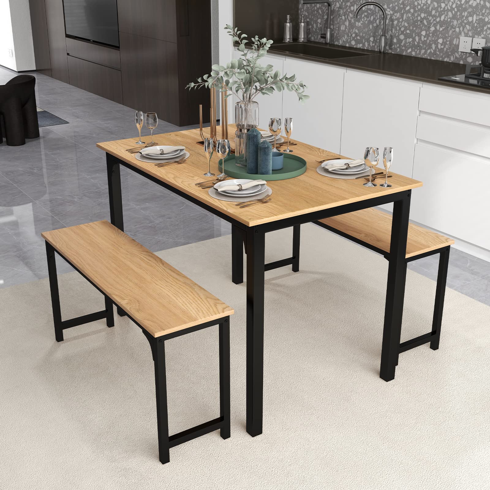 Dining Table Set with 2 Benches, Industrial Kitchen Table & Chairs with Metal Frame
