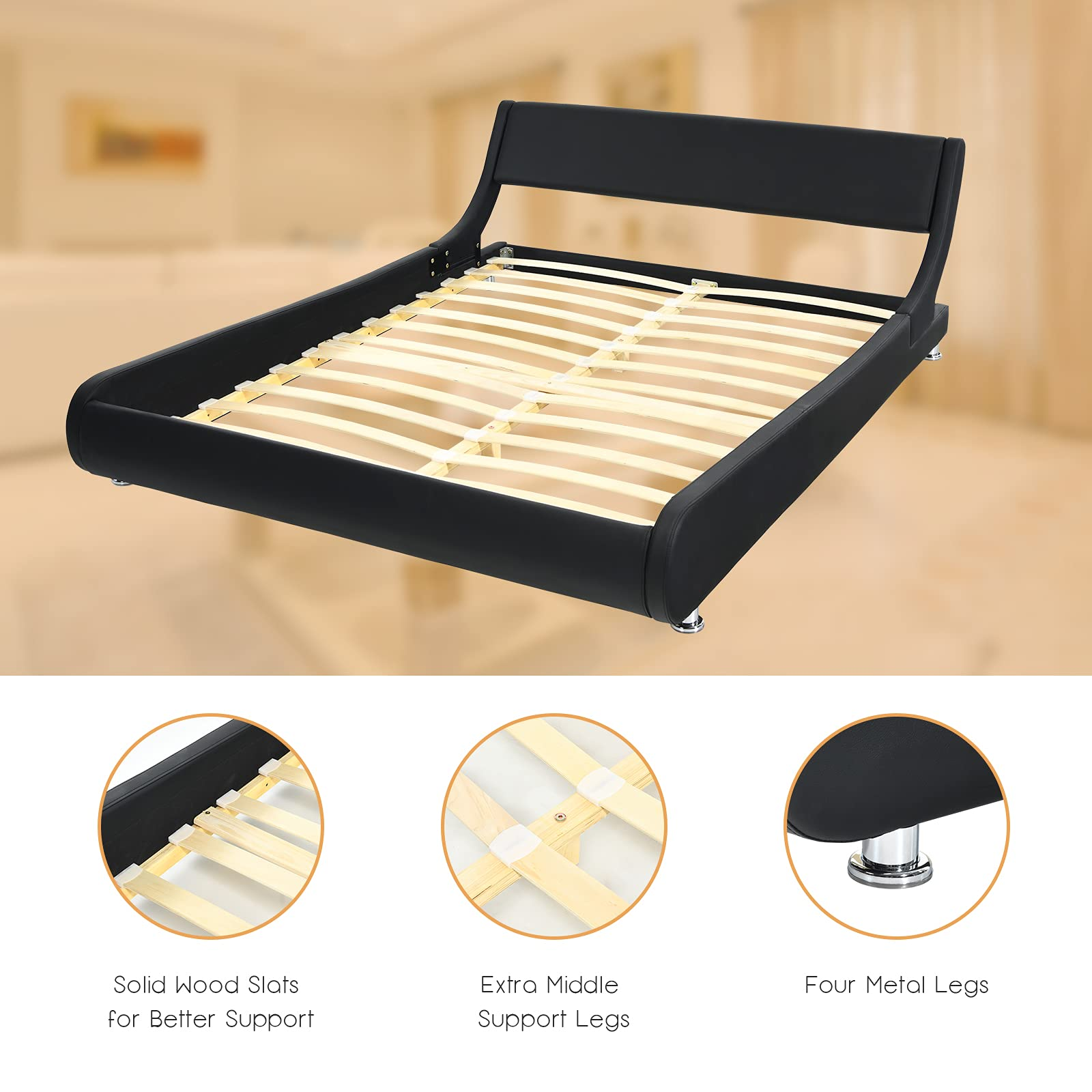 Faux Leather Bed Frame with Adjustable & Upholstered Headboard
