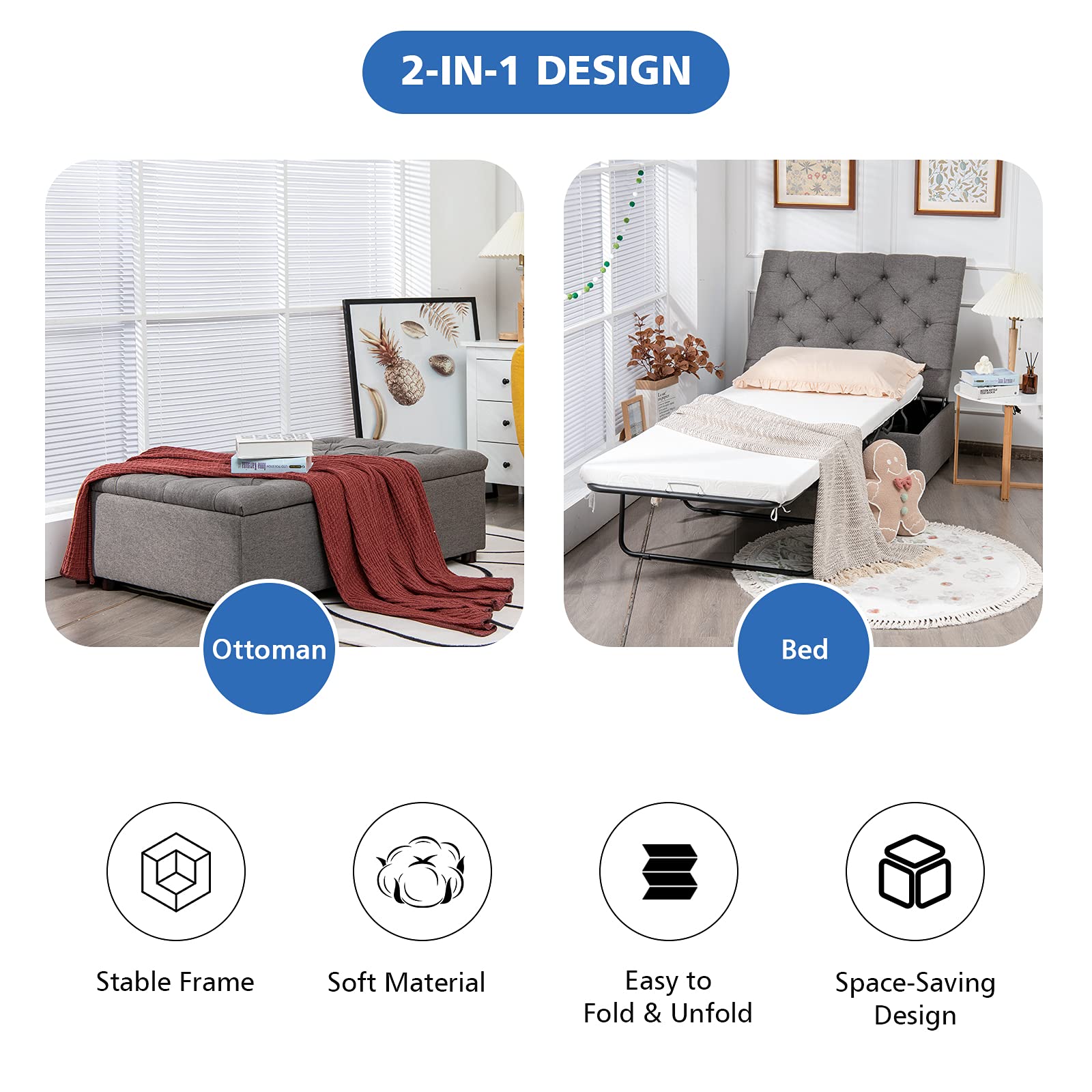 Folding Ottoman Sleeper Chair With Mattress, Convertible Fold Out Sofa Bed