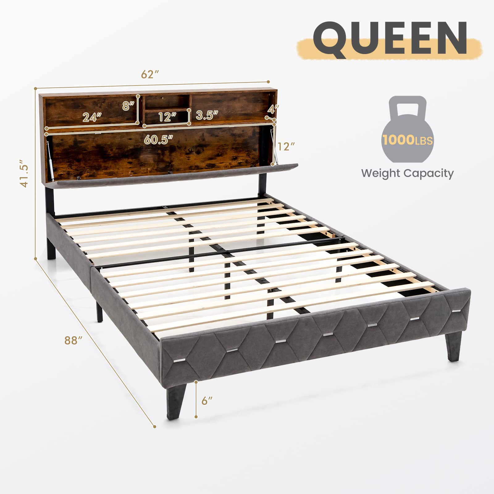 Upholstered Full/Queen Bed Frame with Storage Headboard, Platform Bed Frame
