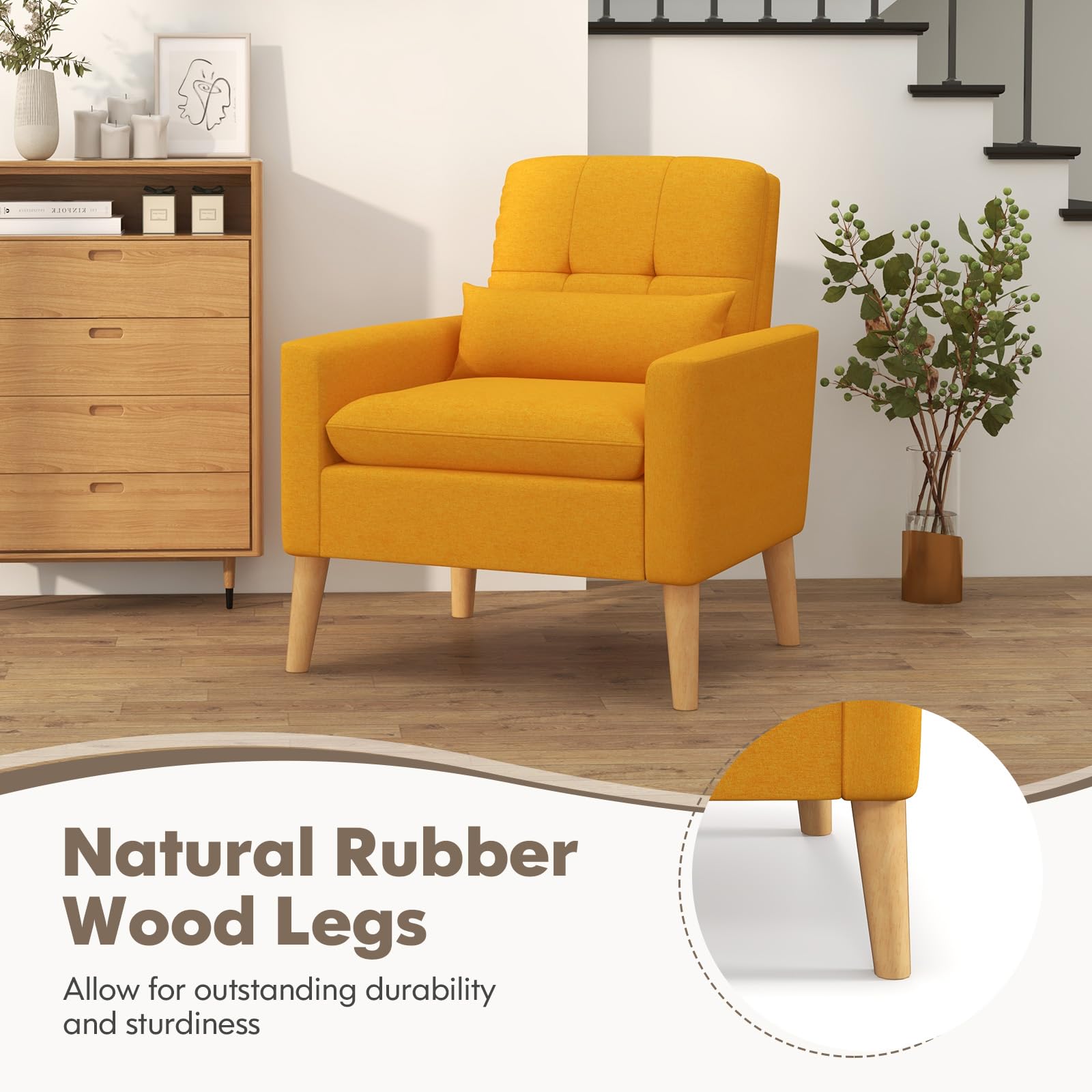 Modern Linen Accent Chair, Upholstered Tufted Armchair with Lumbar Pillow, Rubber Wood Legs, Padded Cushion