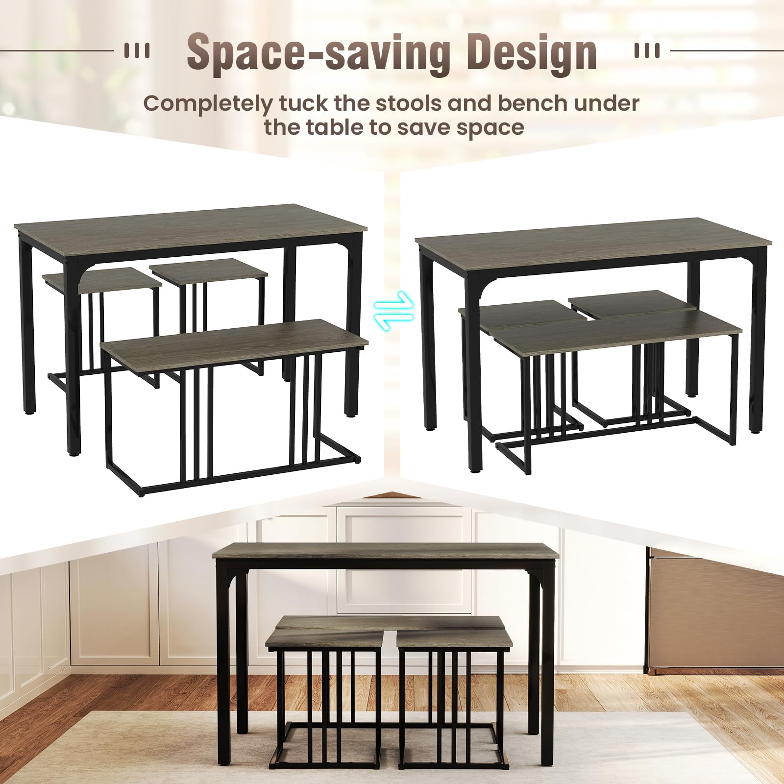 4 Piece Dining Table Set for 4 with Bench & 2 Stools, Space-Saving Desk Set