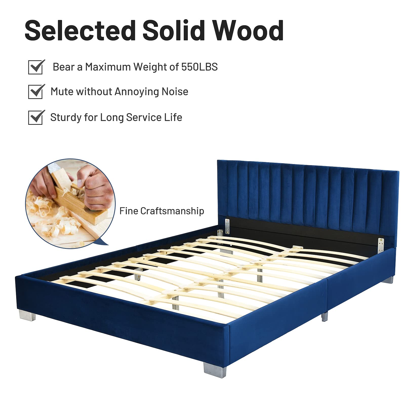Upholstered Bed Frame with Headboard, Heavy Duty Wood Slats Support & Mattress Foundation