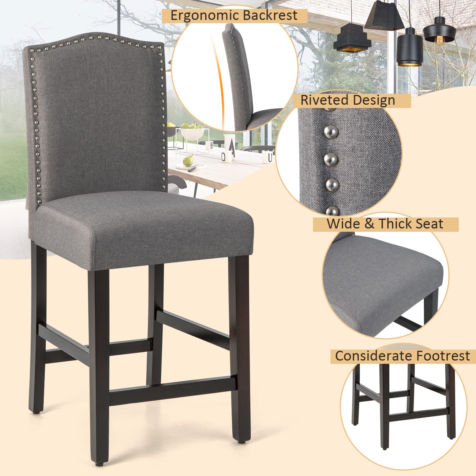 Bar Stools Set of 2/4, Counter Height Bar Dining Chairs with Rubber Wood Legs, Footrest