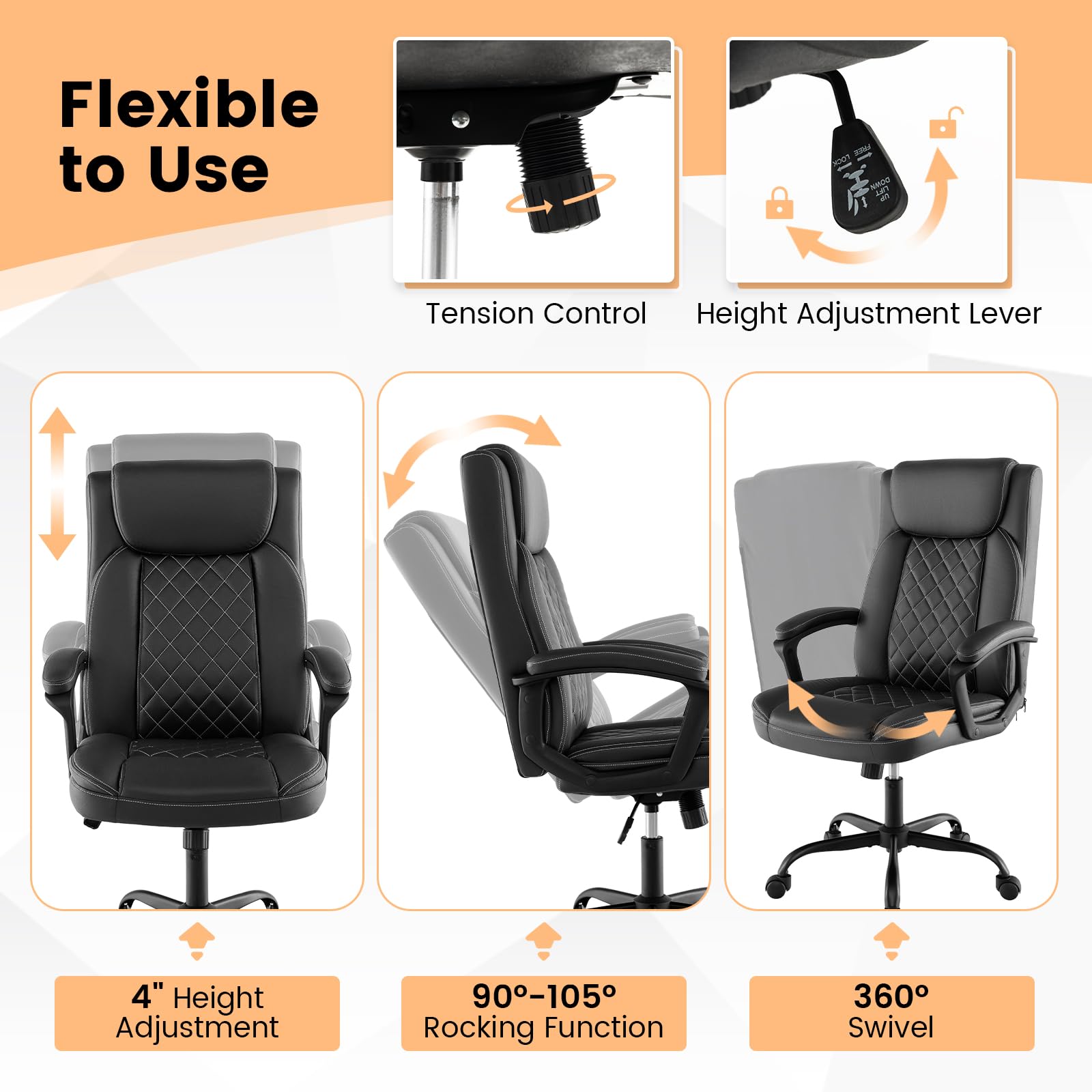 Executive Office Chair, Leather Like Desk Chair with Thick Headrest Cushion & Padded Armrests
