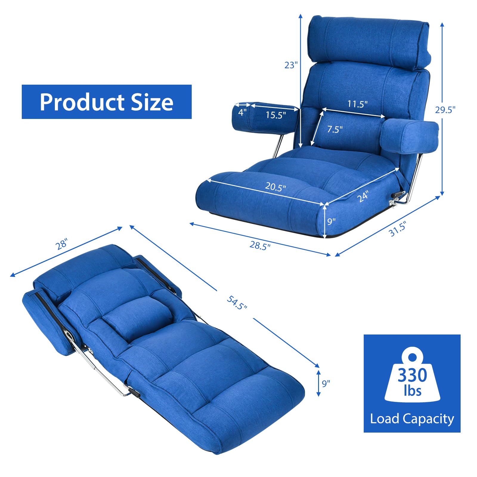 Adjustable Folding Floor Sofa Chair, Upholstered Indoor Chaise Lounge with 6-position
