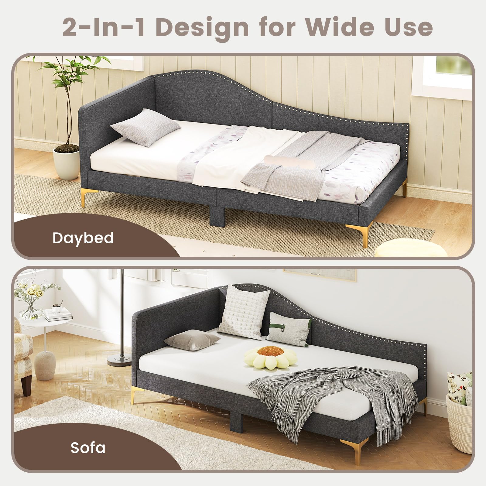 Rivet-Tufted Platform Bed Frame with Headboard, Metal Legs & Wood Slats, L-Shaped Corner Sofa Bed