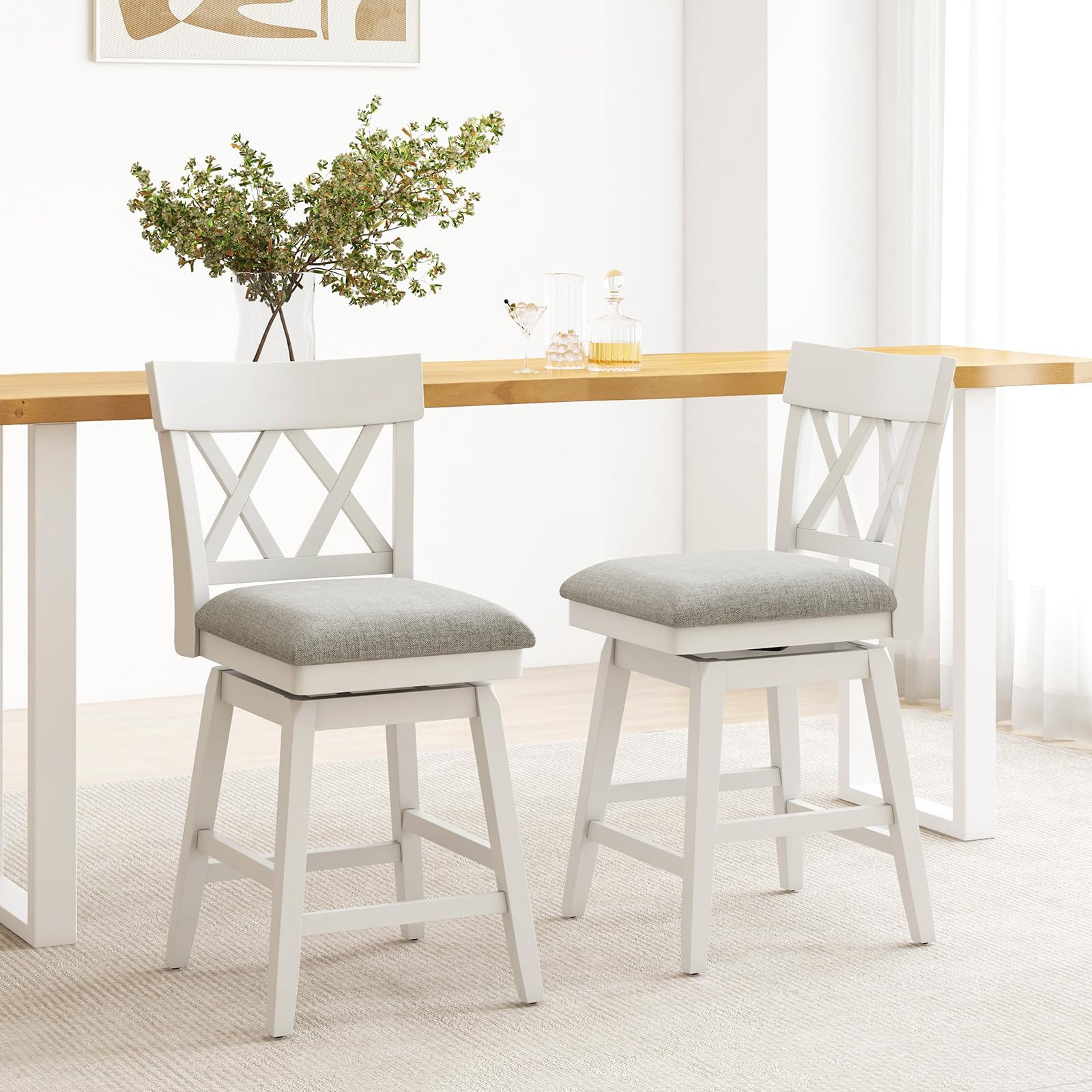 Swivel Counter Height Bar Stool with Contoured Backrest, Padded Seat & Rubber Wood Legs
