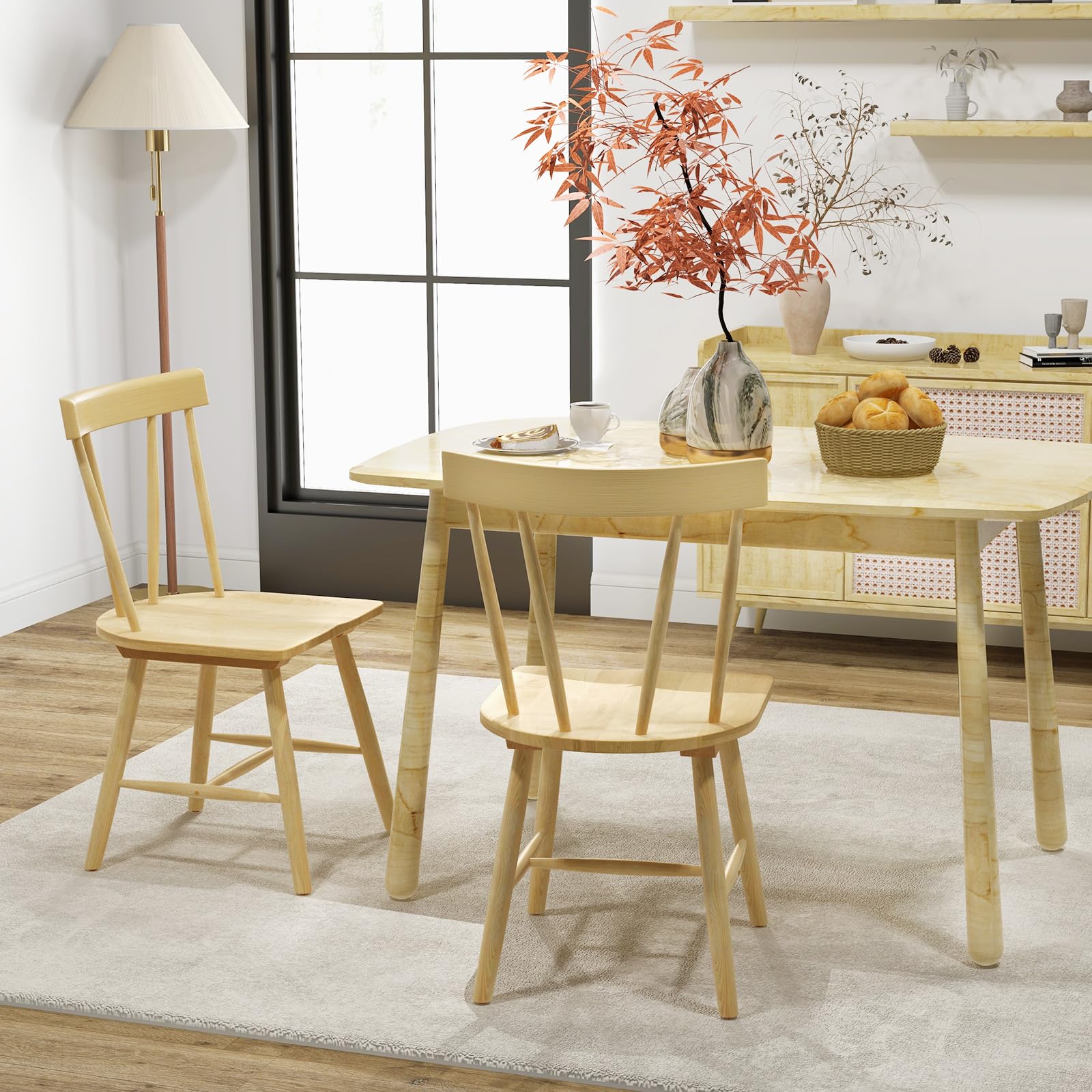 Set of 2/4 Windsor Chairs, Rubber Wood Dining Chairs with Spindle Back, Wide Seats, Anti-Slip Foot Pads
