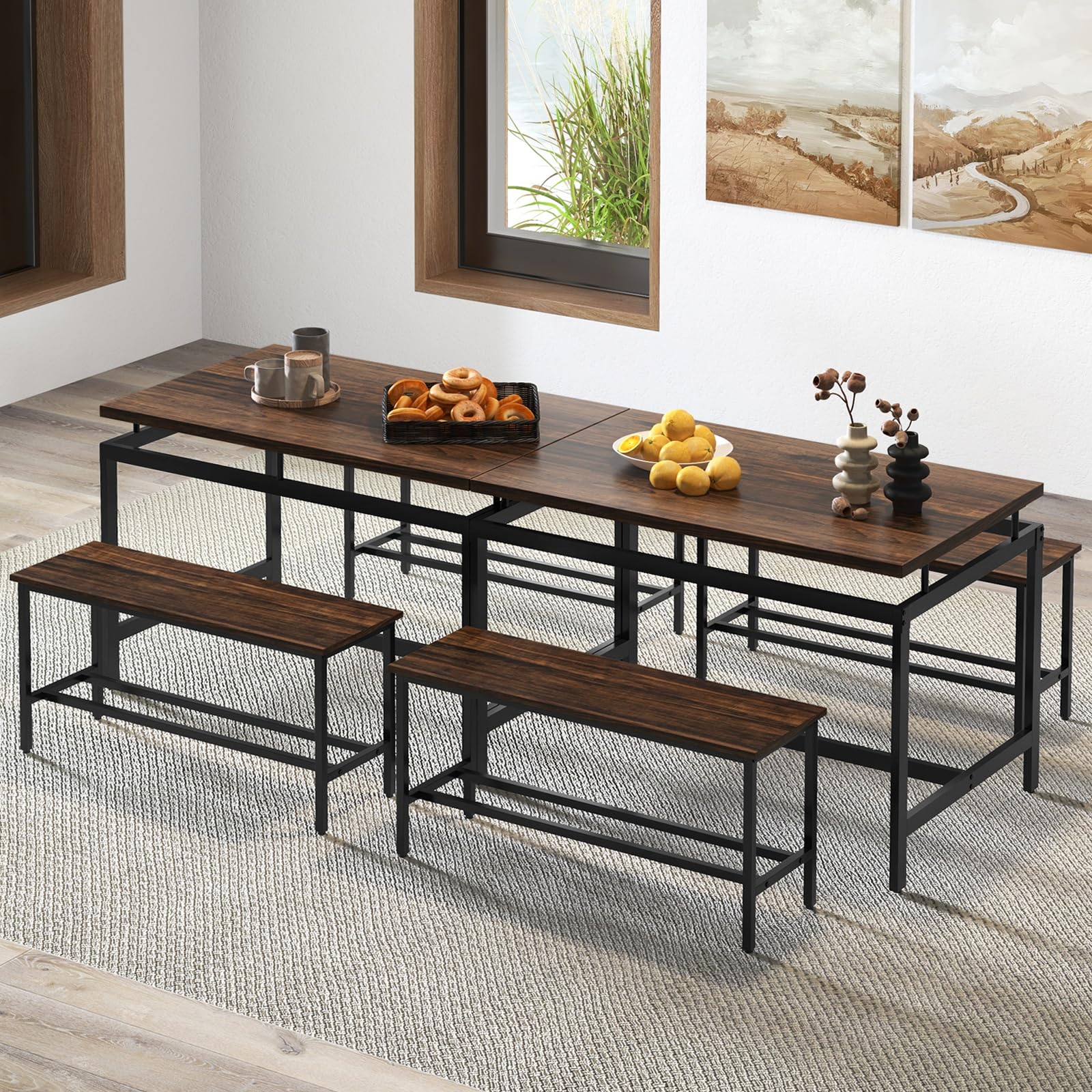 Dining Table Set for 4 with 2 Benches, Metal Frame