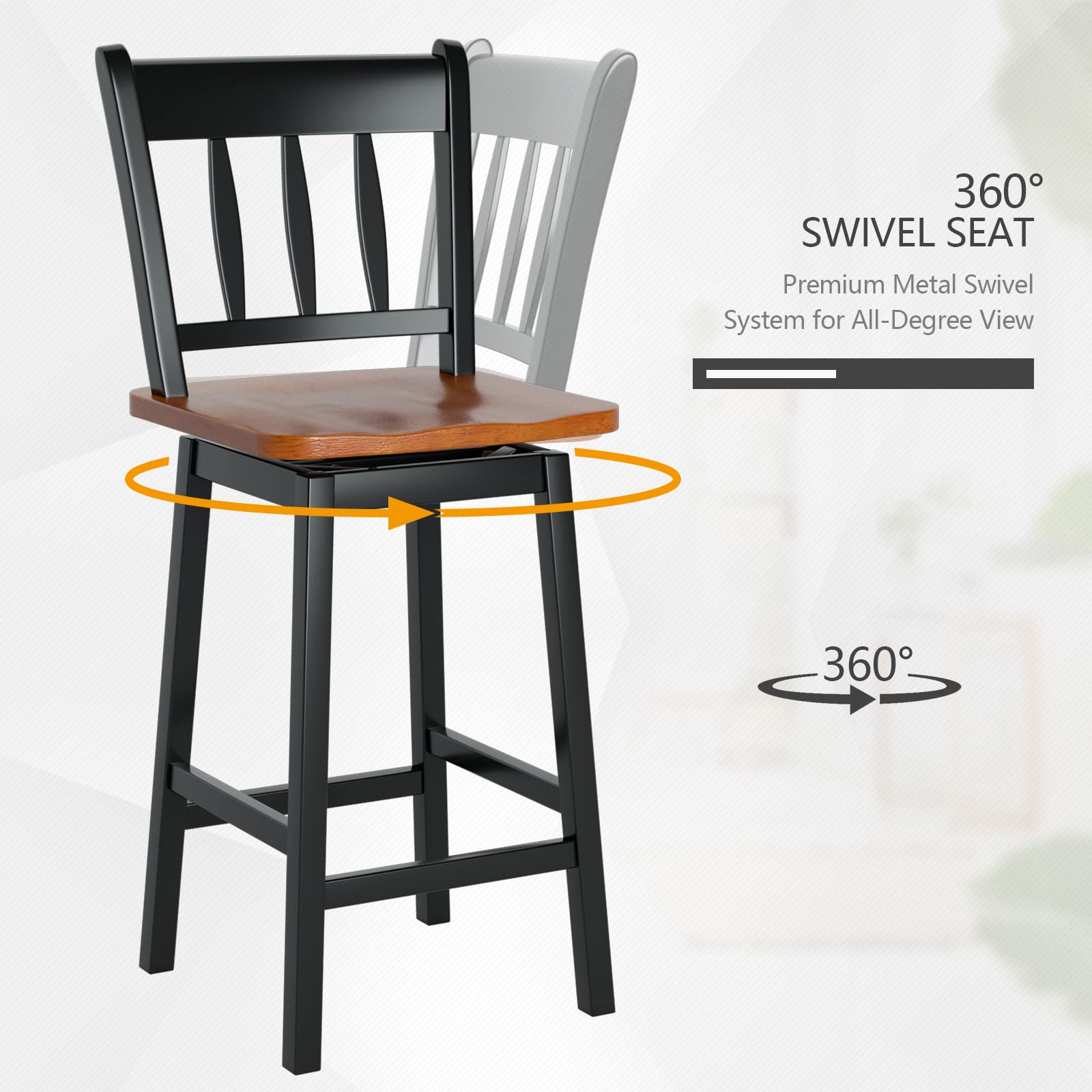 24.5 Inch Solid Rubber Wood Bar Stools Set of 2/4 with 360 &deg;Swiveling, Footrest