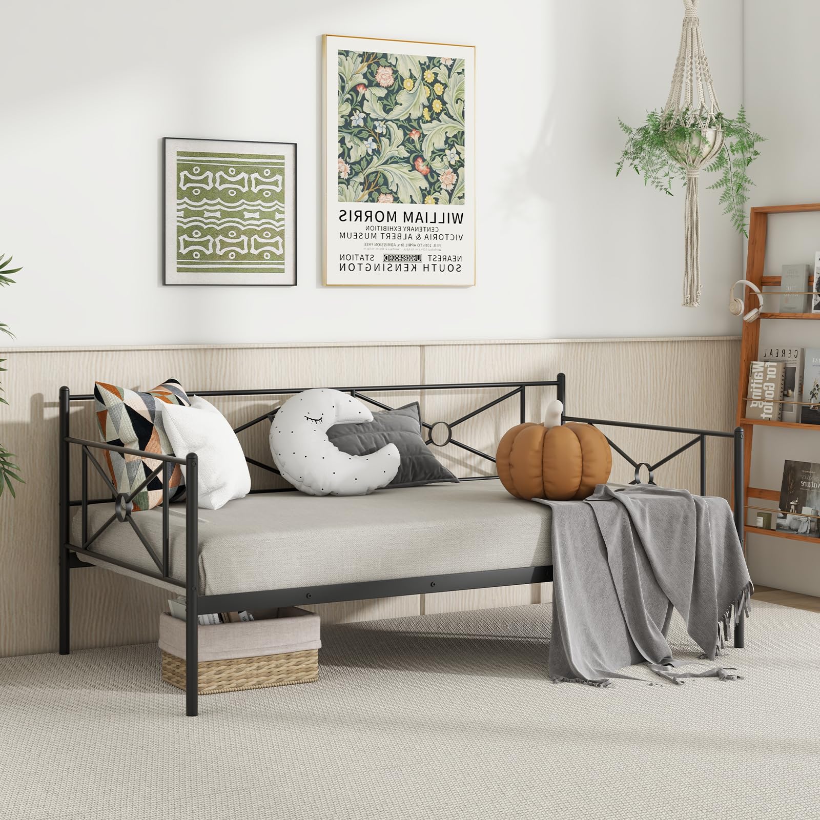 Twin Size Metal Daybed Frame, Heavy-Duty Steel Slats Support Platform Bed Frame, Multifunctional Sofa Guest Bed with Headboard