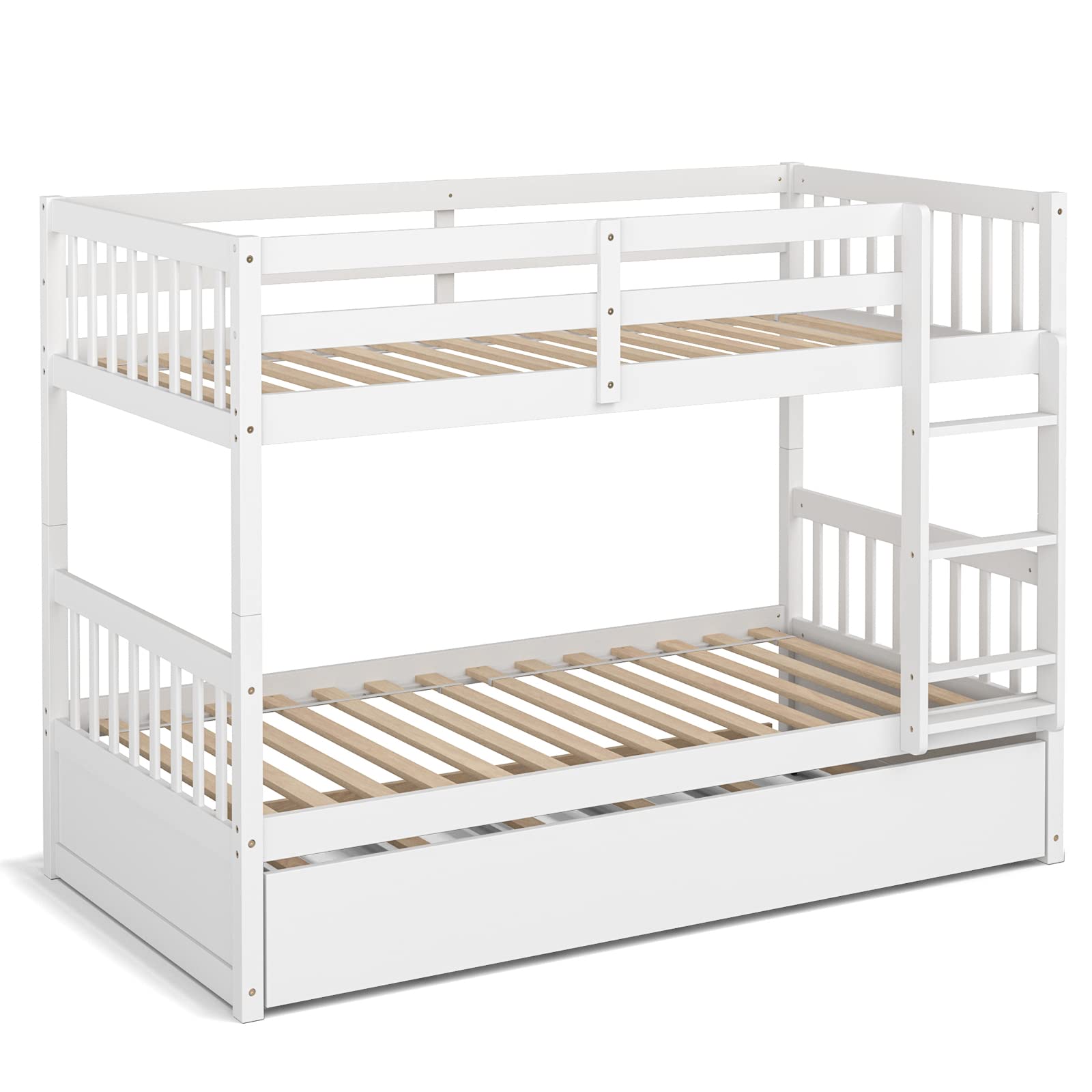 Twin Over Twin Wood Bunk Bed with Trundle, 2-in-1 Convertible Bunk Bed with Ladder & Solid Wood Frame