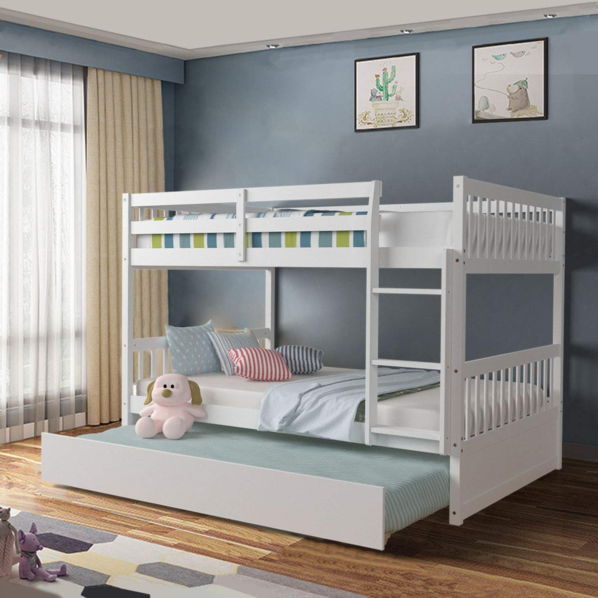 Full Over Full Wood Bunk Bed with Trundle, Ladder, Solid Wood Frame & Safety Guardrails